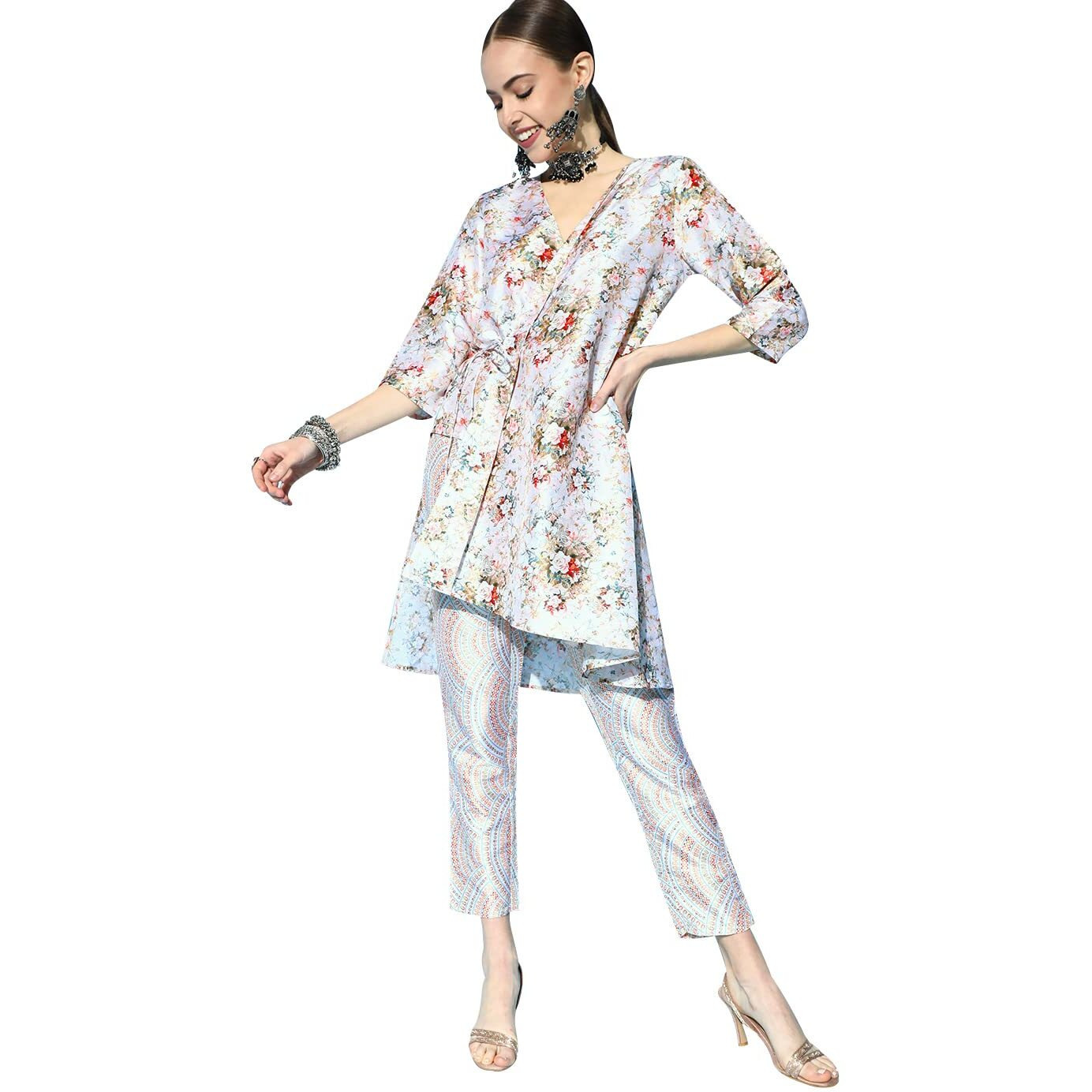 ZIYAA Art Women's Multi Color Poly Silk Asymmetric Kurta and Pant Set (ZIKUPS3690ANDPA-L_Multicolour_L)