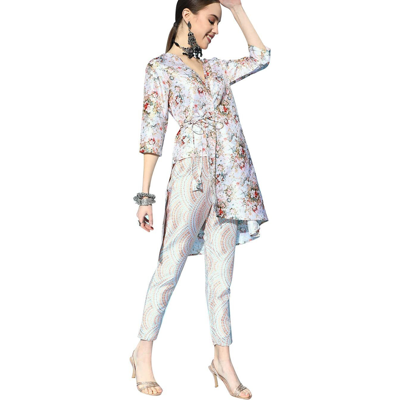 ZIYAA Art Women's Multi Color Poly Silk Asymmetric Kurta and Pant Set (ZIKUPS3690ANDPA-L_Multicolour_L)