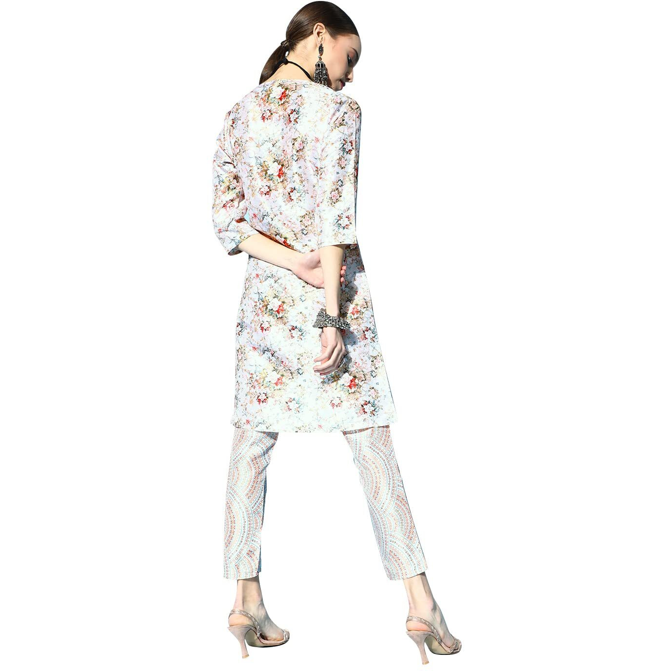 ZIYAA Art Women's Multi Color Poly Silk Asymmetric Kurta and Pant Set (ZIKUPS3690ANDPA-L_Multicolour_L)