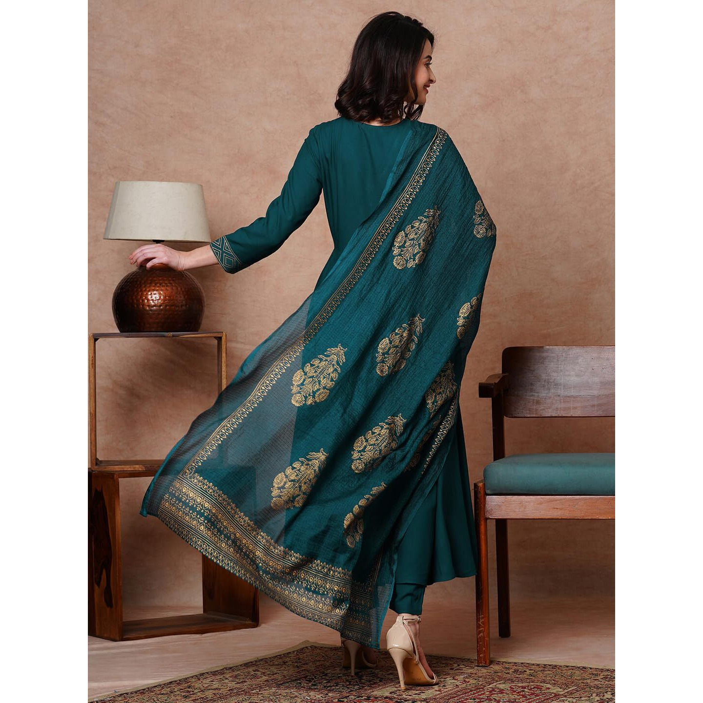 GoSriKi Women's Rayon Blend Solid Anarkali Kurta with Pant & Dupatta (Magic-KEROSIN-NB-GS_L_Dark Blue_Large)