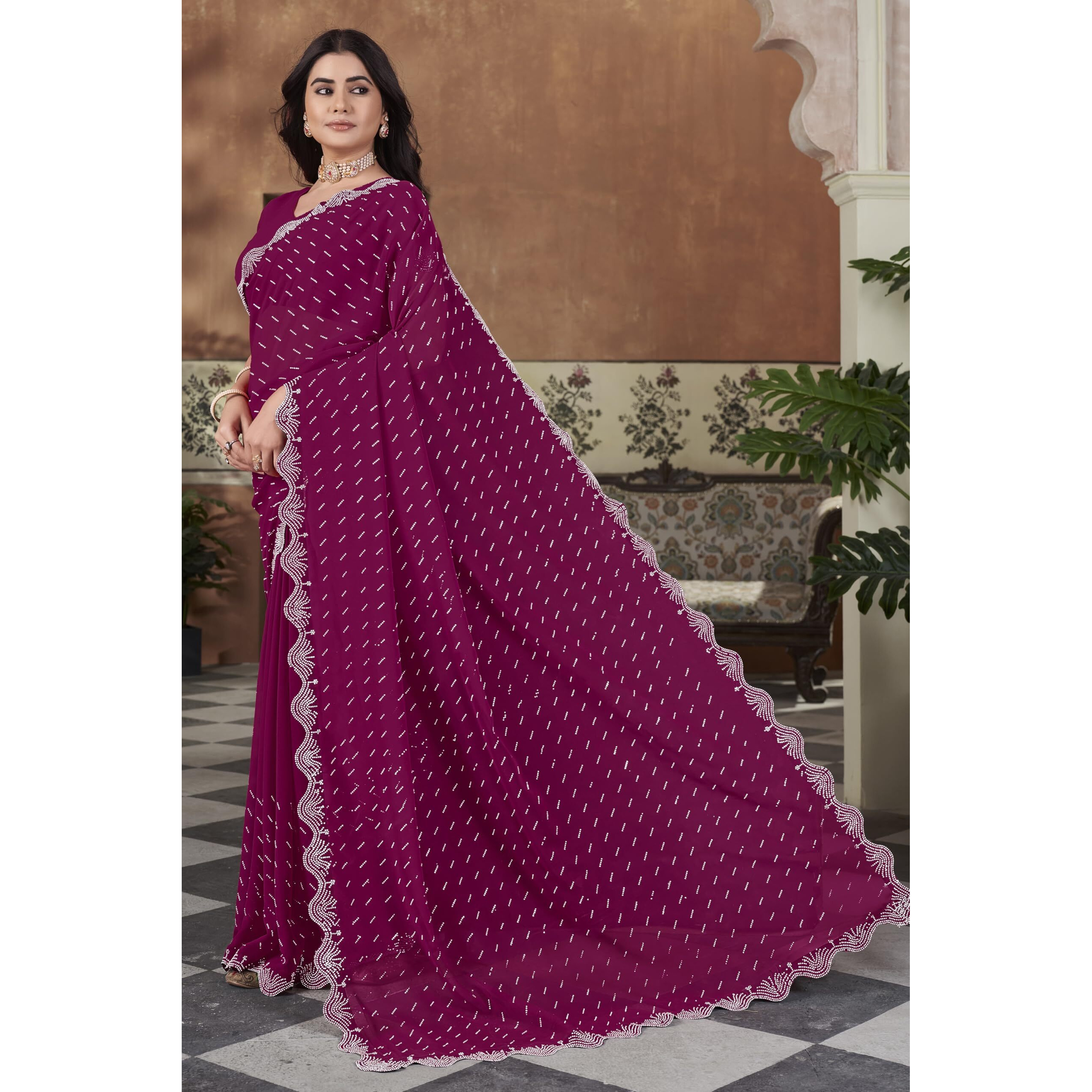 Glory Sarees Women's Georgette Swarovski Saree With Blouse Piece (SwarovskiSarees_Pink)