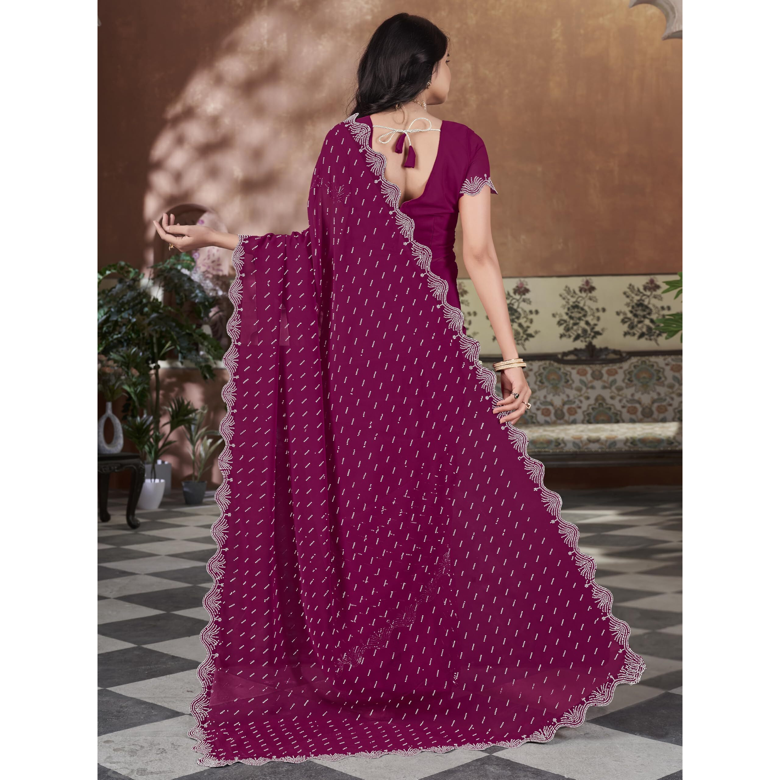 Glory Sarees Women's Georgette Swarovski Saree With Blouse Piece (SwarovskiSarees_Pink)
