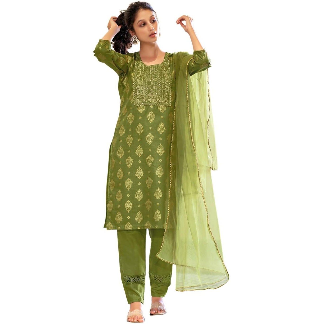 Sanisa Women's Cotton Blend Foil Printed Straight Kurta with Pant and Gota Lace Work Dupatta (80KBD903NZ-XXL_Green)