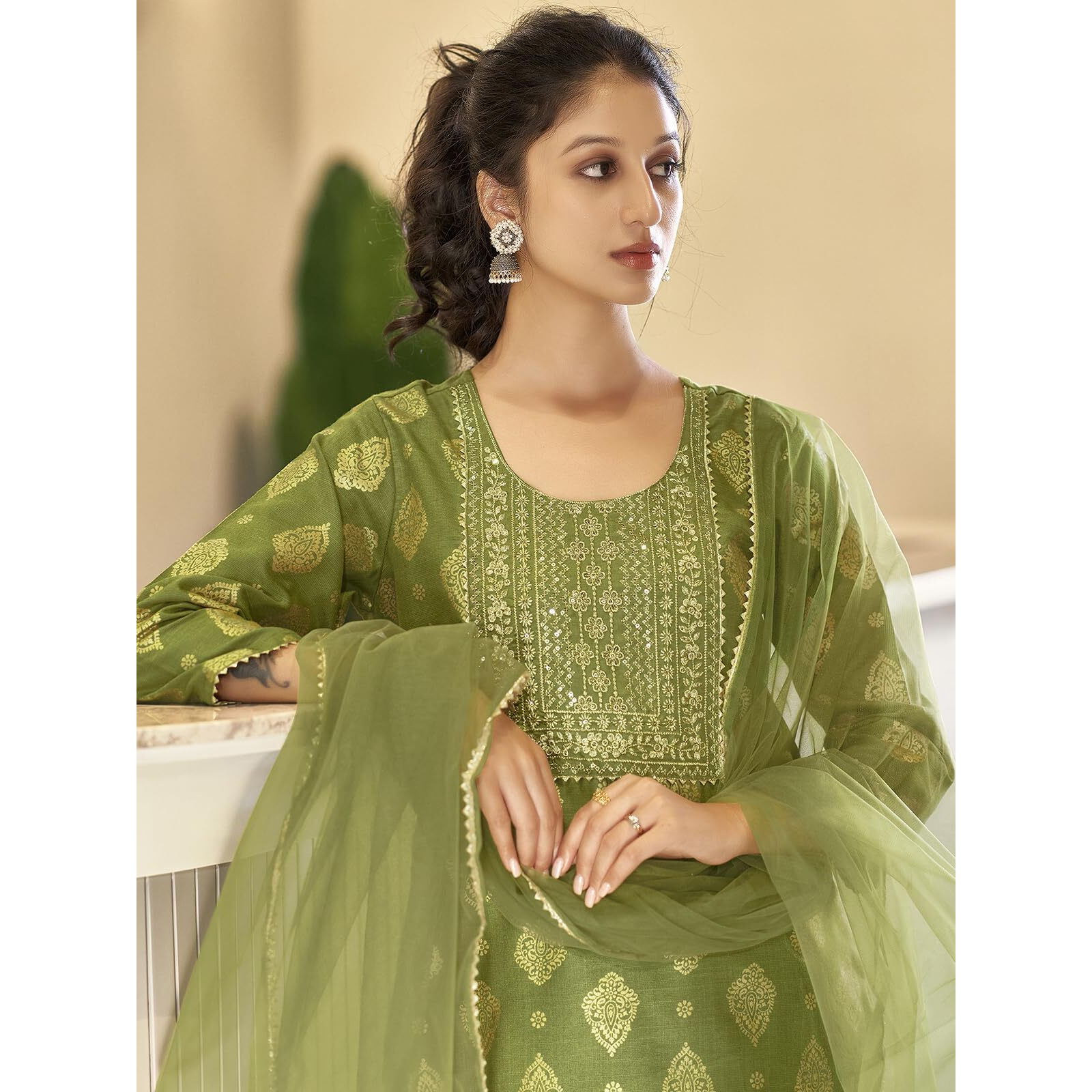 Sanisa Women's Cotton Blend Foil Printed Straight Kurta with Pant and Gota Lace Work Dupatta (80KBD903NZ-XXL_Green)