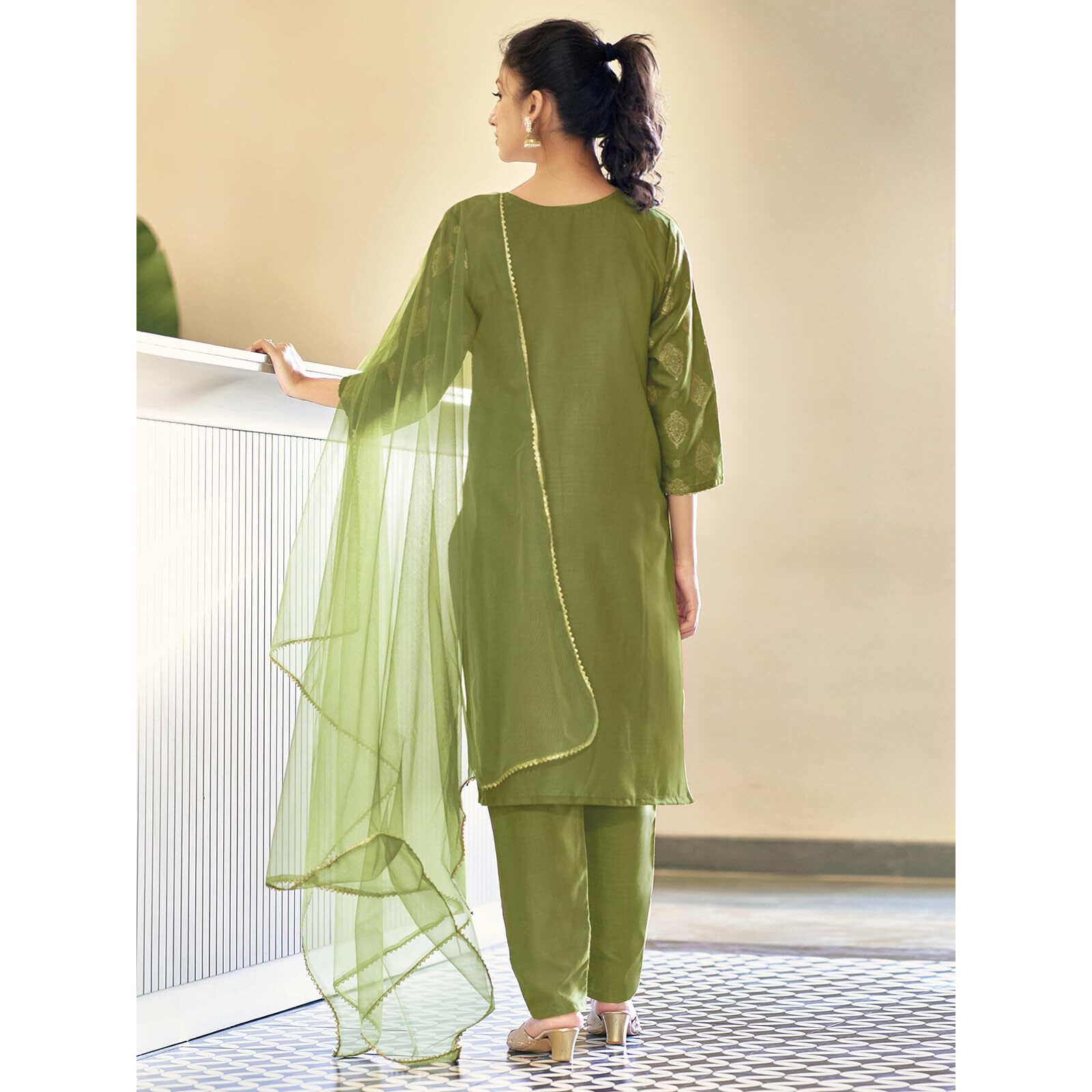 Sanisa Women's Cotton Blend Foil Printed Straight Kurta with Pant and Gota Lace Work Dupatta (80KBD903NZ-XXL_Green)