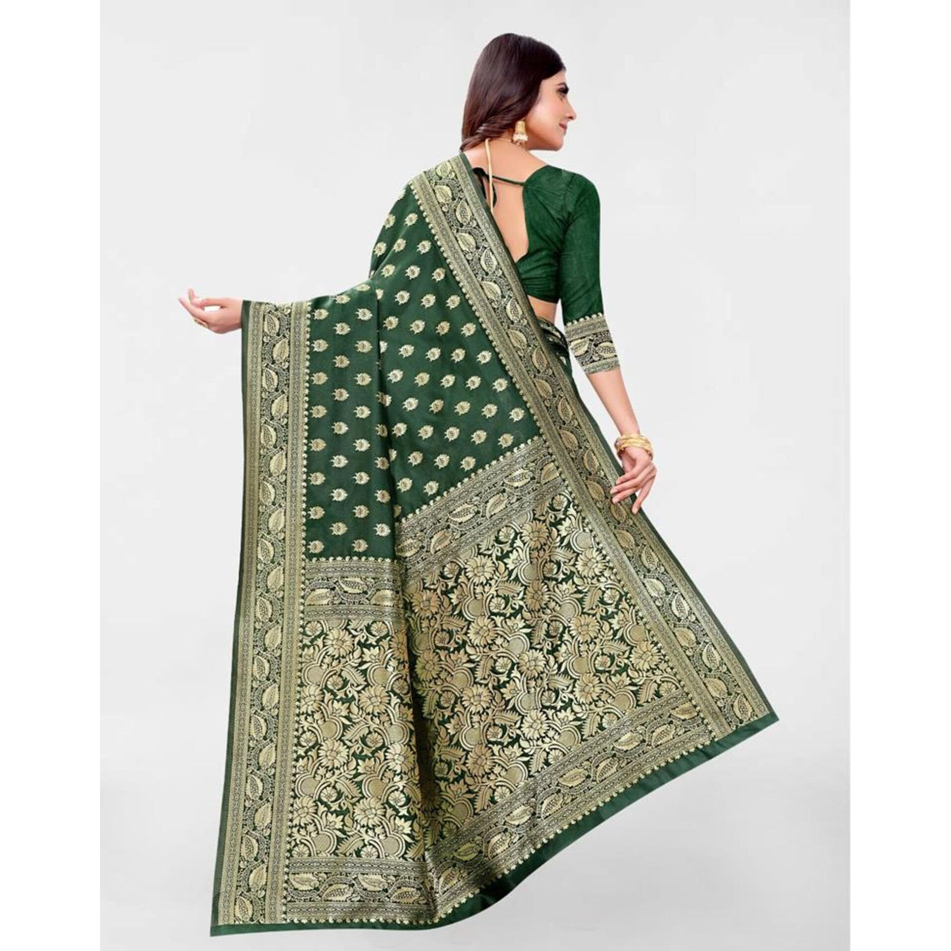 SAMAH Women's Jacquard Art Silk Saree (3591S309NA_Dark Green)