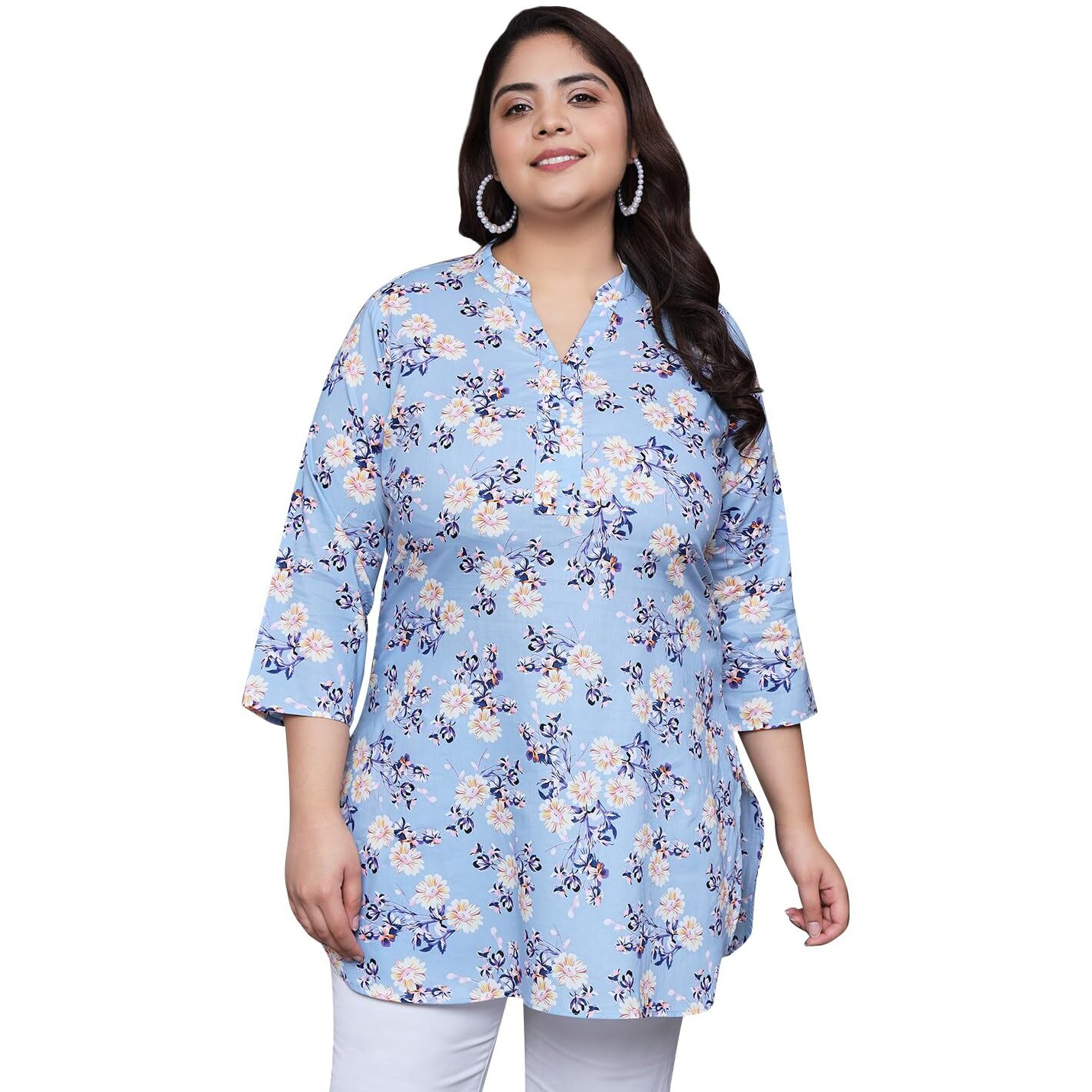 Tissu Women's Plus Size Sky Blue Floral Printed Pure Cotton Kurti (2257_Blue_4XL)
