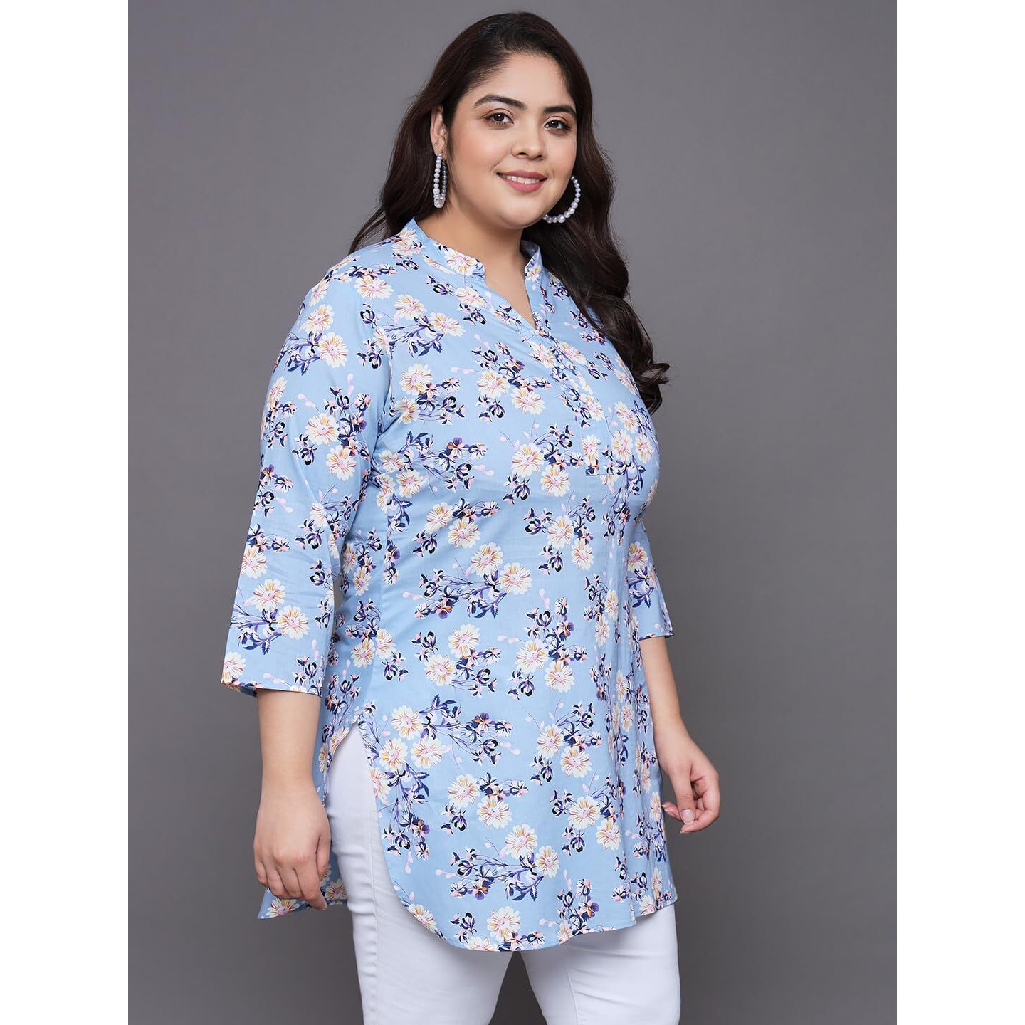 Tissu Women's Plus Size Sky Blue Floral Printed Pure Cotton Kurti (2257_Blue_4XL)