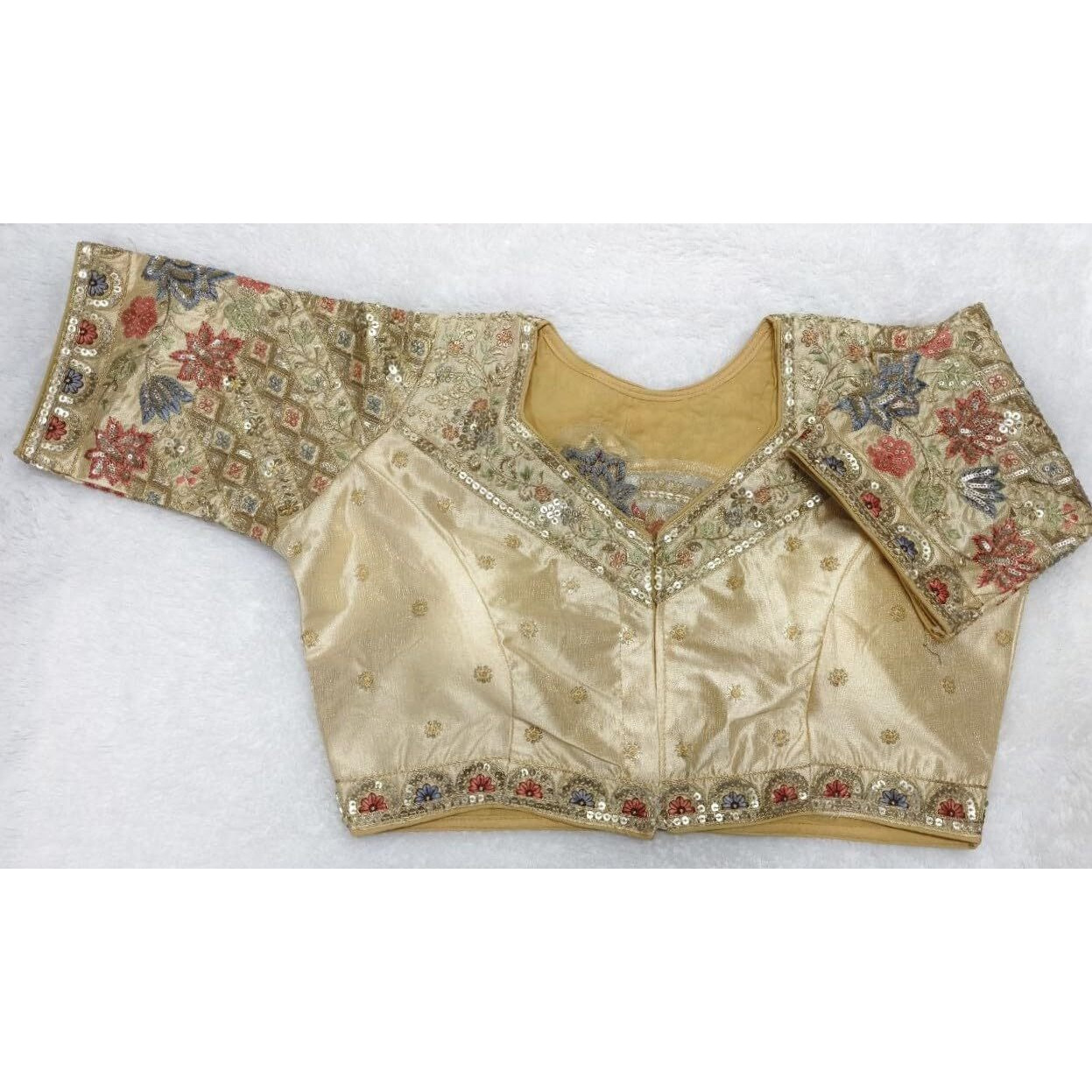 Pujia Mills Women's Readymade Ethnic Wear Golden Codding with Multi Embroidery Sequence Work Sweetheart Neck Half Sleeve Readymade Bridal Cream Saree Blouse Readymade Net Cutwork Blouse for Lehenga
