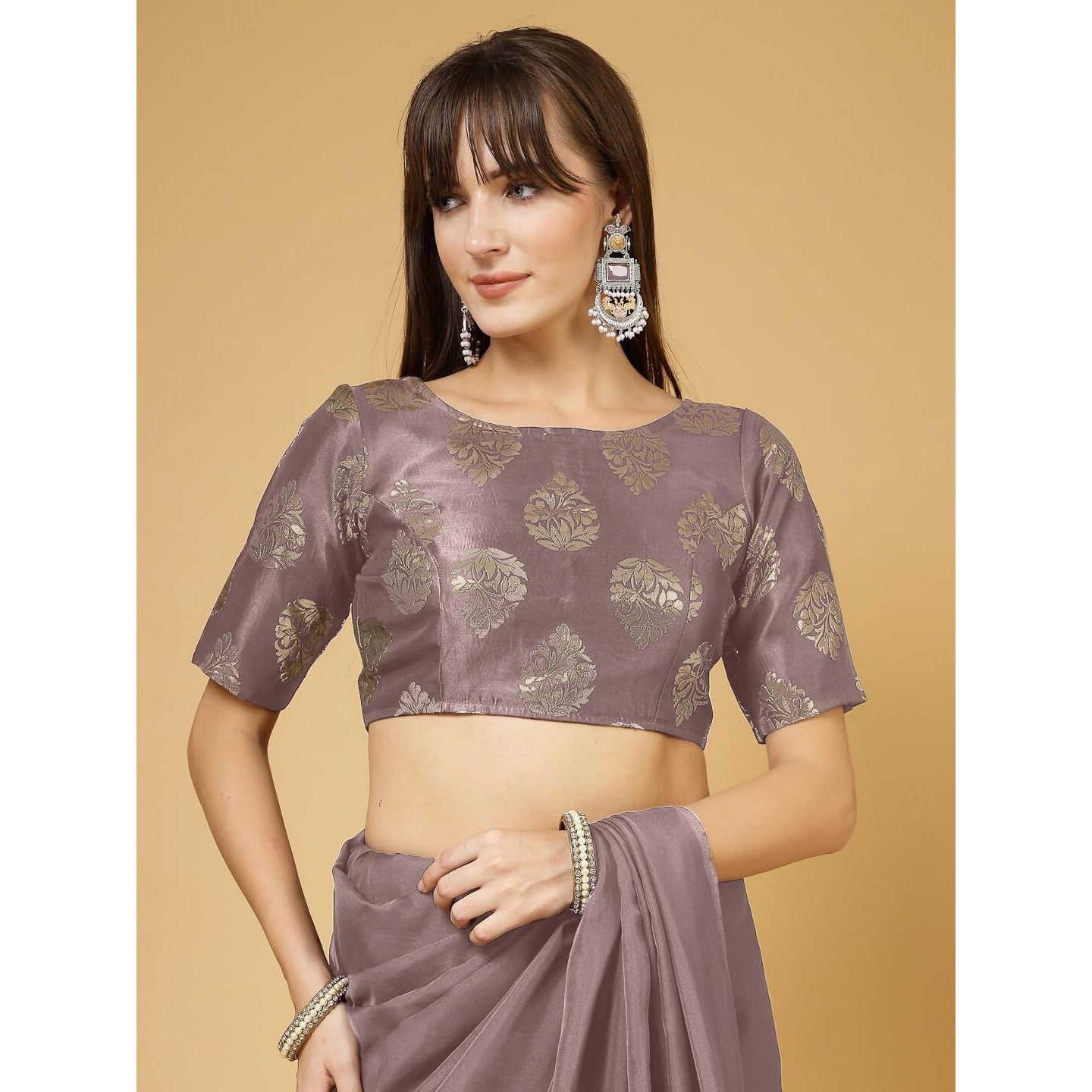 OOMPH Women's Indian Ethnic Wear Designer Big Paisley Pattern Zari Work Boat Neck Half Sleeve Sandcastle Beige Color Brocade Readymade Blouse for Saree or Lehnga and Fusion Twist. M