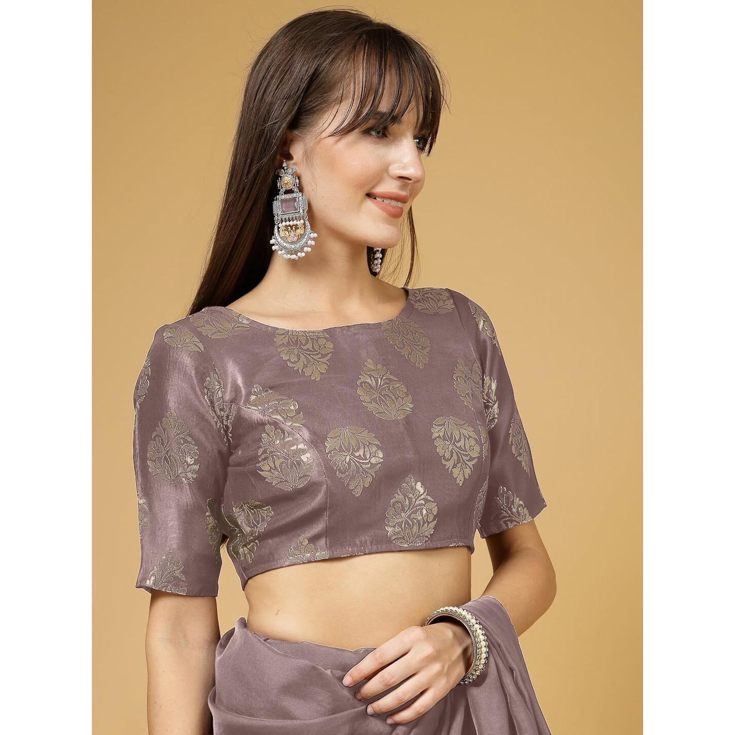 OOMPH Women's Indian Ethnic Wear Designer Big Paisley Pattern Zari Work Boat Neck Half Sleeve Sandcastle Beige Color Brocade Readymade Blouse for Saree or Lehnga and Fusion Twist. M