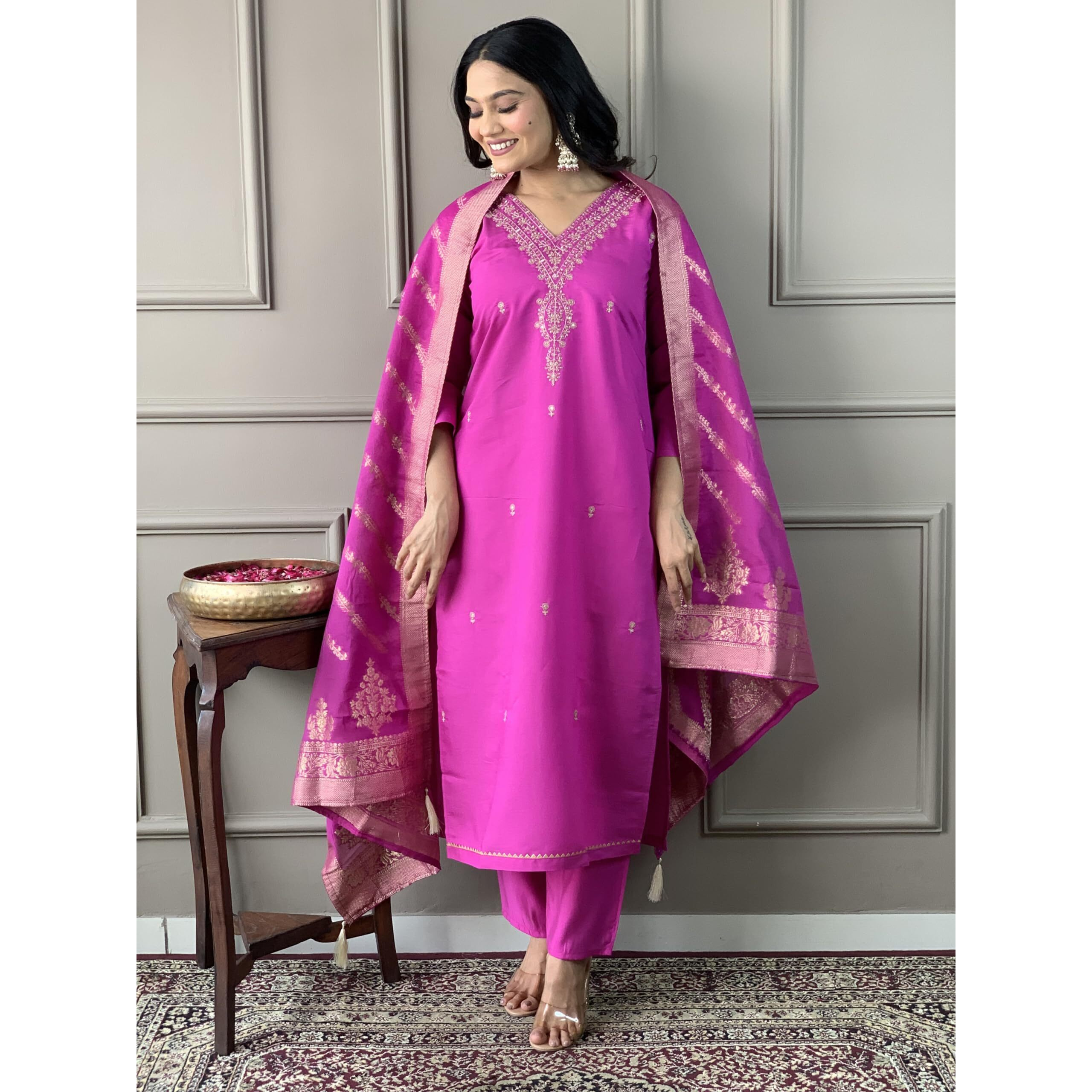 Naixa Women's Gajri Viscose Silk Embroidered Straight Kurta with Viscose Silk Pant and Vichitra Silk Jacquard Dupatta Sets (NX-S-JENA-Gajri-S)