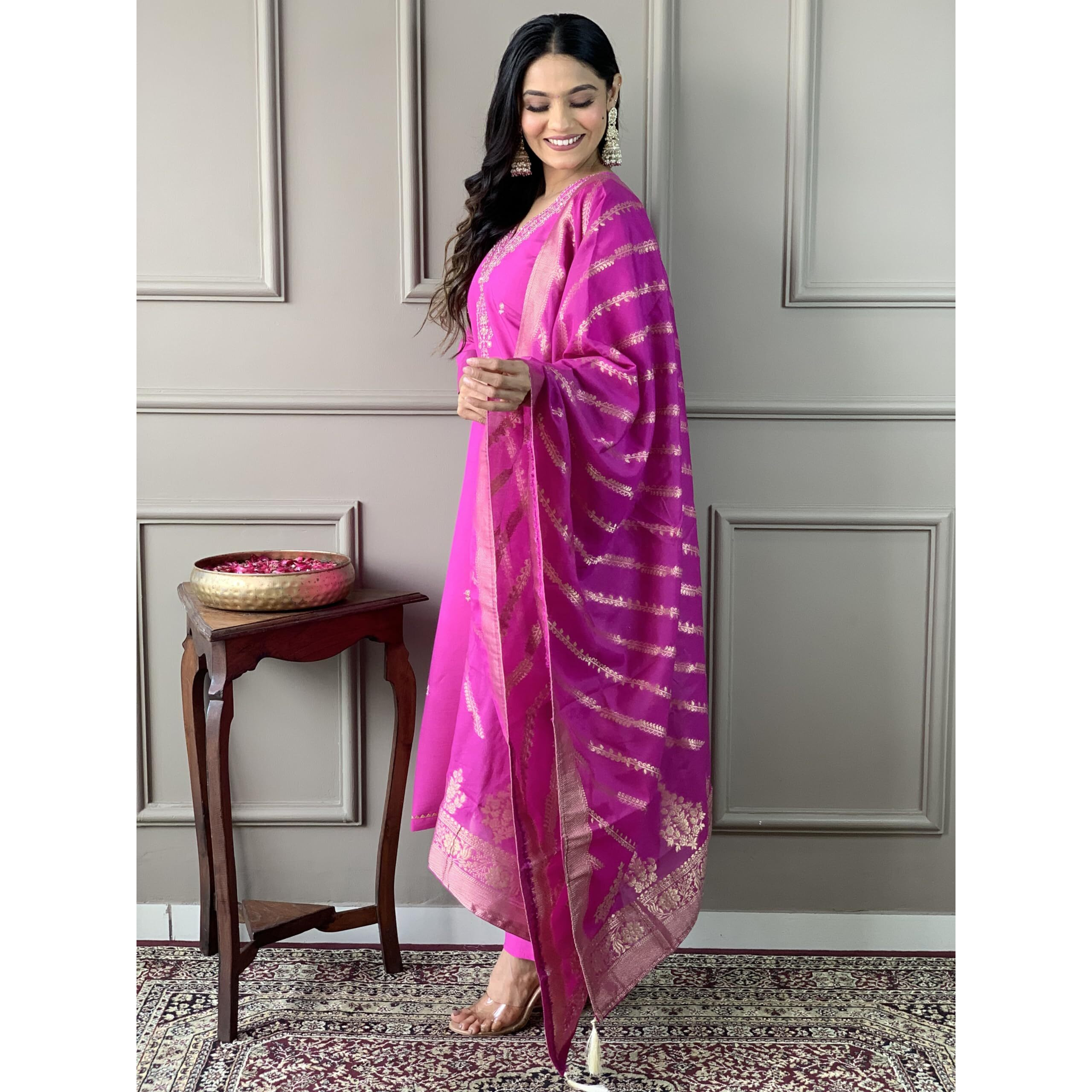 Naixa Women's Gajri Viscose Silk Embroidered Straight Kurta with Viscose Silk Pant and Vichitra Silk Jacquard Dupatta Sets (NX-S-JENA-Gajri-S)