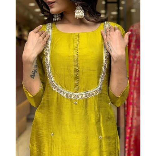 LookMark Women's Silk Blend Kurta Pant with Jacquard Dupatta Set and Khatali Work Suitable for Every Indian Occasion (AZ-LM-OG-KS2177 Yellow-XXL)