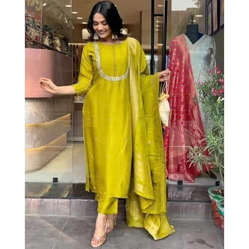 LookMark Women's Silk Blend Kurta Pant with Jacquard Dupatta Set and Khatali Work Suitable for Every Indian Occasion (AZ-LM-OG-KS2177 Yellow-XXL)