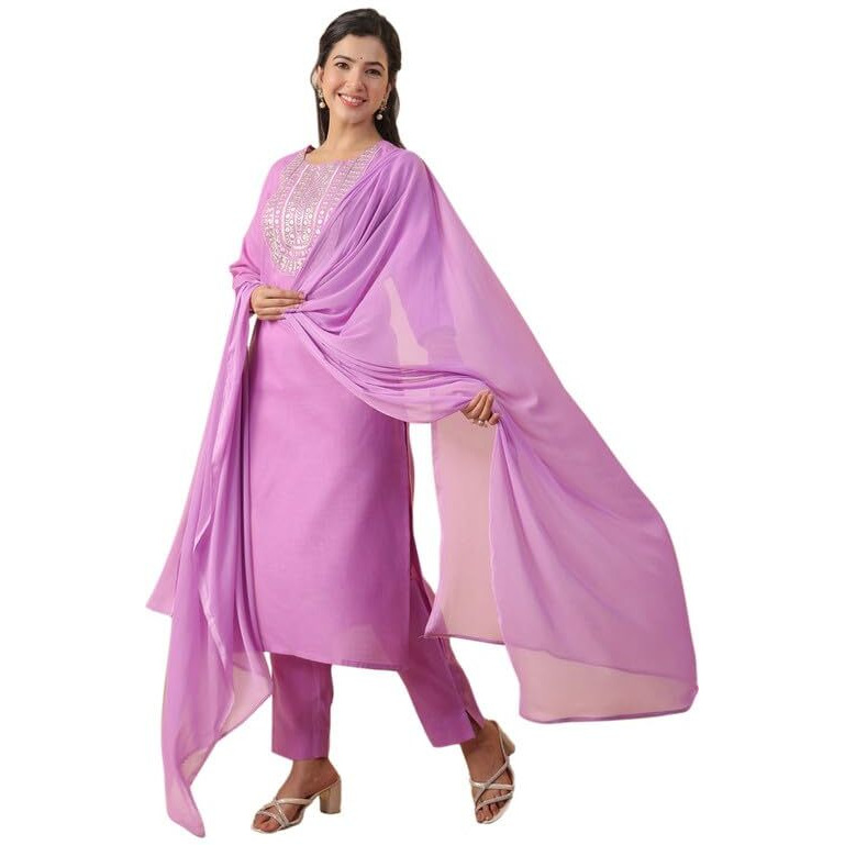Anekha Women's Lavender Cotton Blend Yoke Embroidery Straight Kurta Set(ANC24ST00311-S)