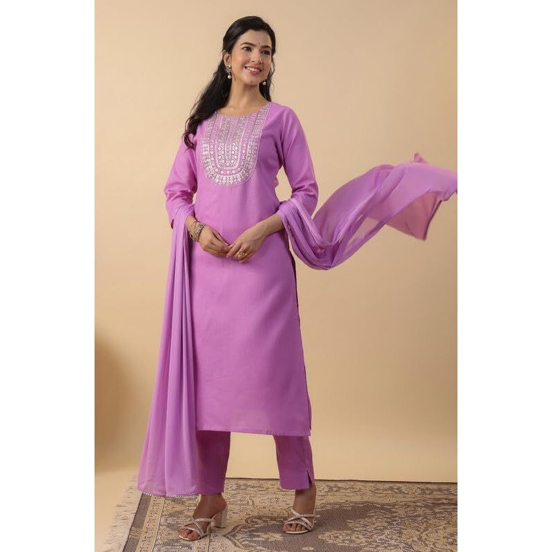 Anekha Women's Lavender Cotton Blend Yoke Embroidery Straight Kurta Set(ANC24ST00311-S)