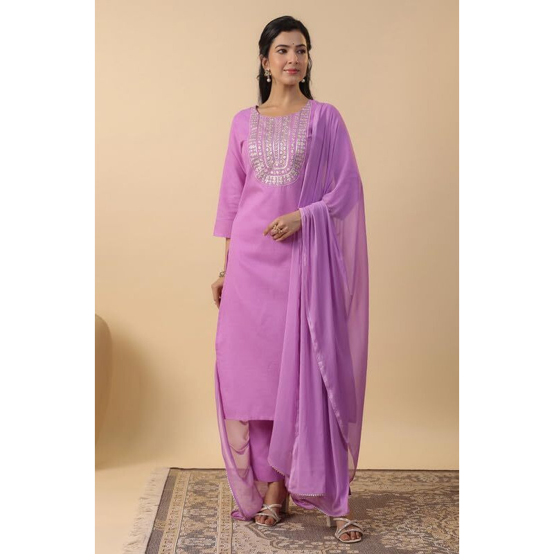 Anekha Women's Lavender Cotton Blend Yoke Embroidery Straight Kurta Set(ANC24ST00311-S)