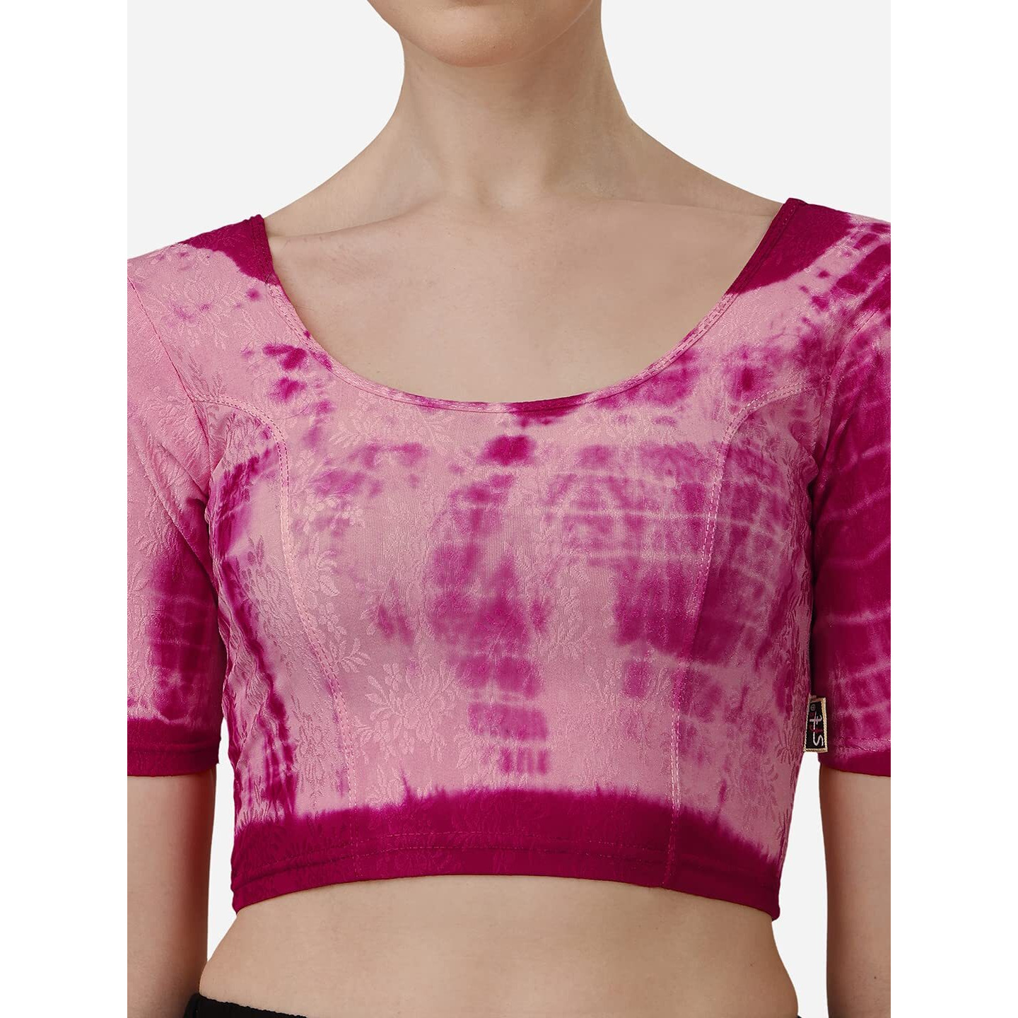 Sft Round Neck Nylon Lycra Stretchable Elbow Sleeves Readymade Saree Blouse for Women Stylish (Shibori