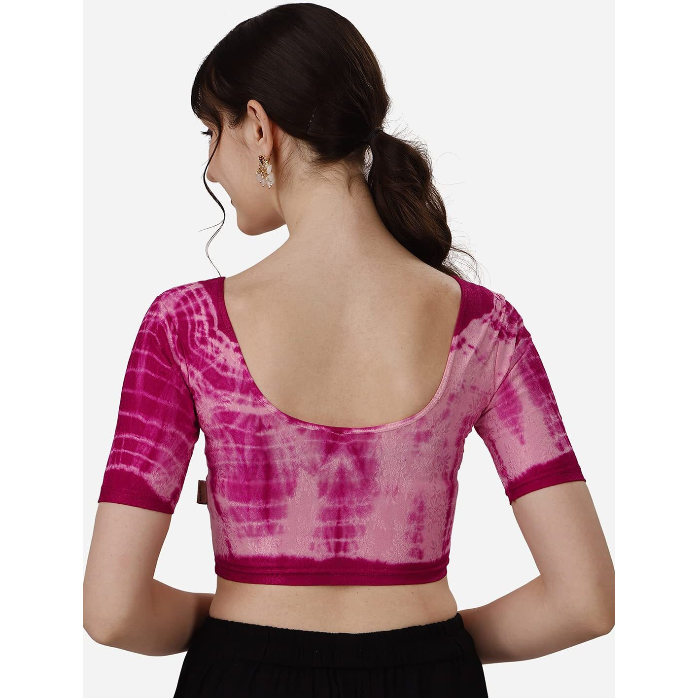 Sft Round Neck Nylon Lycra Stretchable Elbow Sleeves Readymade Saree Blouse for Women Stylish (Shibori