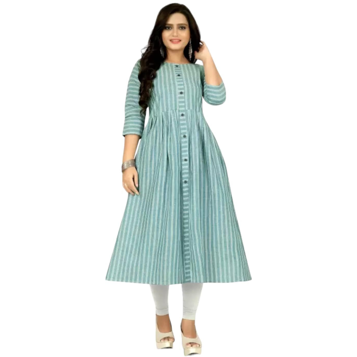 VINCHIC Women's Anarkali Pure Cotton Green Color Stripes Kurti|Kurti for Women|Bollywood KurtiKurta