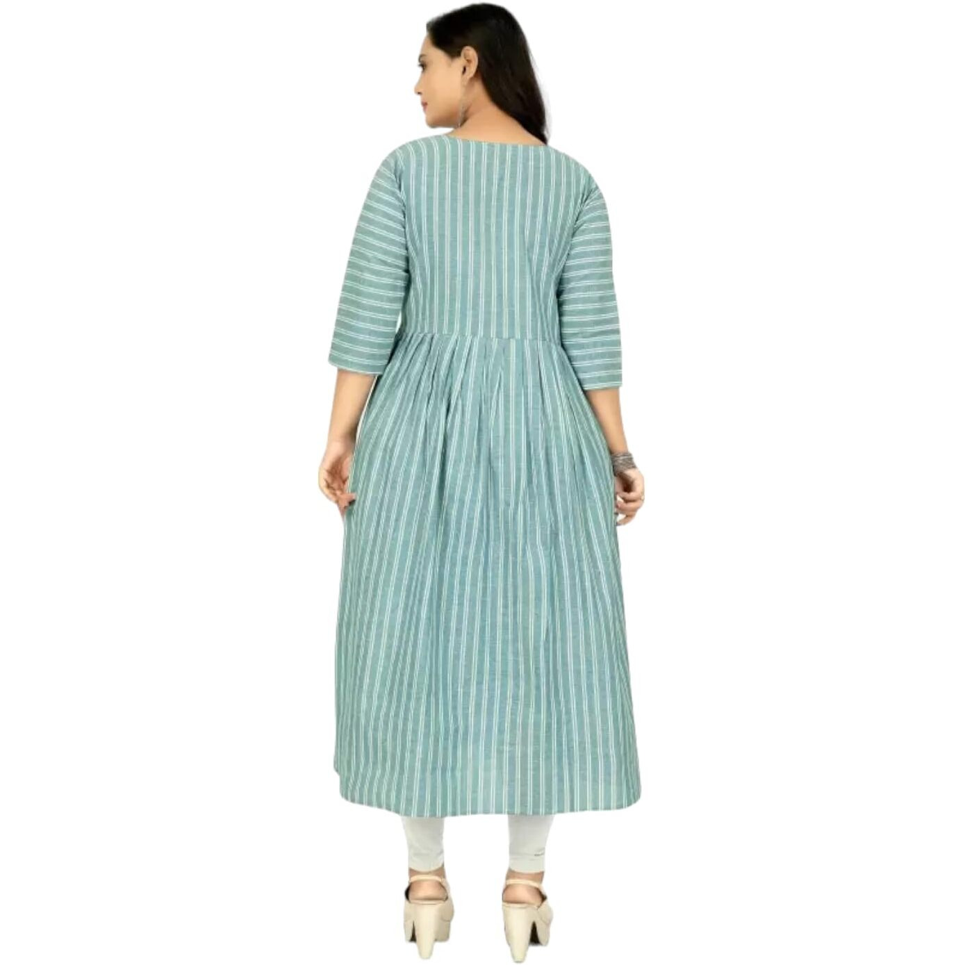 VINCHIC Women's Anarkali Pure Cotton Green Color Stripes Kurti|Kurti for Women|Bollywood KurtiKurta