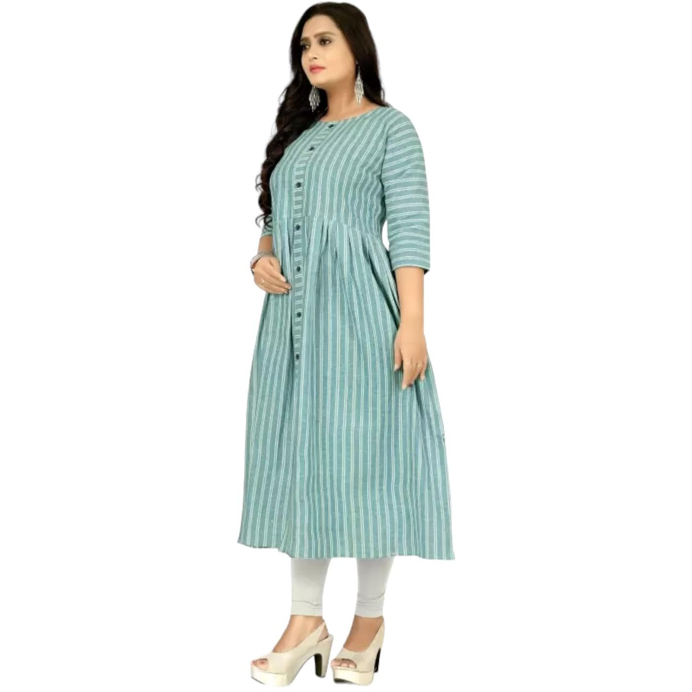 VINCHIC Women's Anarkali Pure Cotton Green Color Stripes Kurti|Kurti for Women|Bollywood KurtiKurta