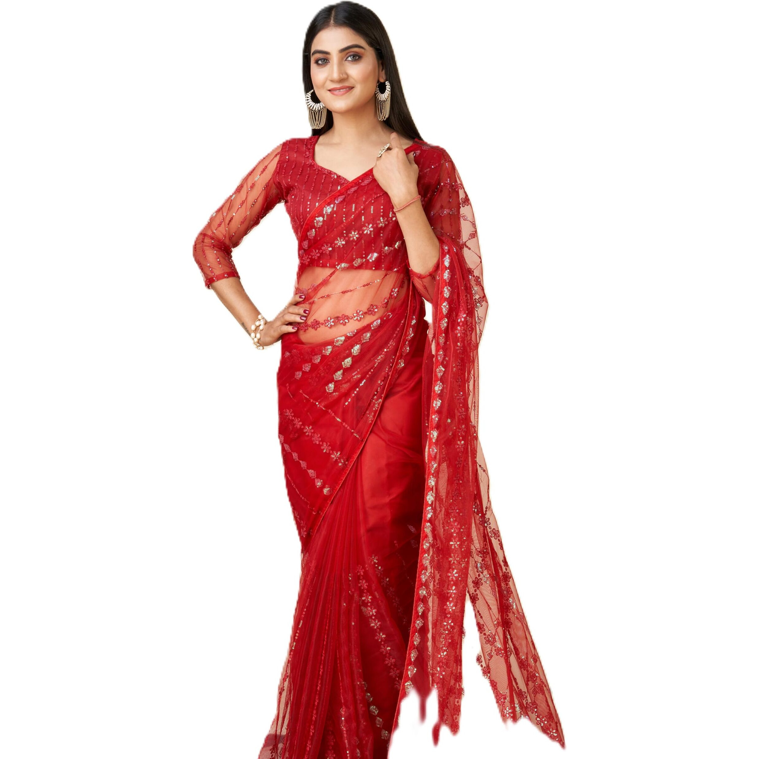 VAIRAGEE Women Soft Net Red Embroidery Saree