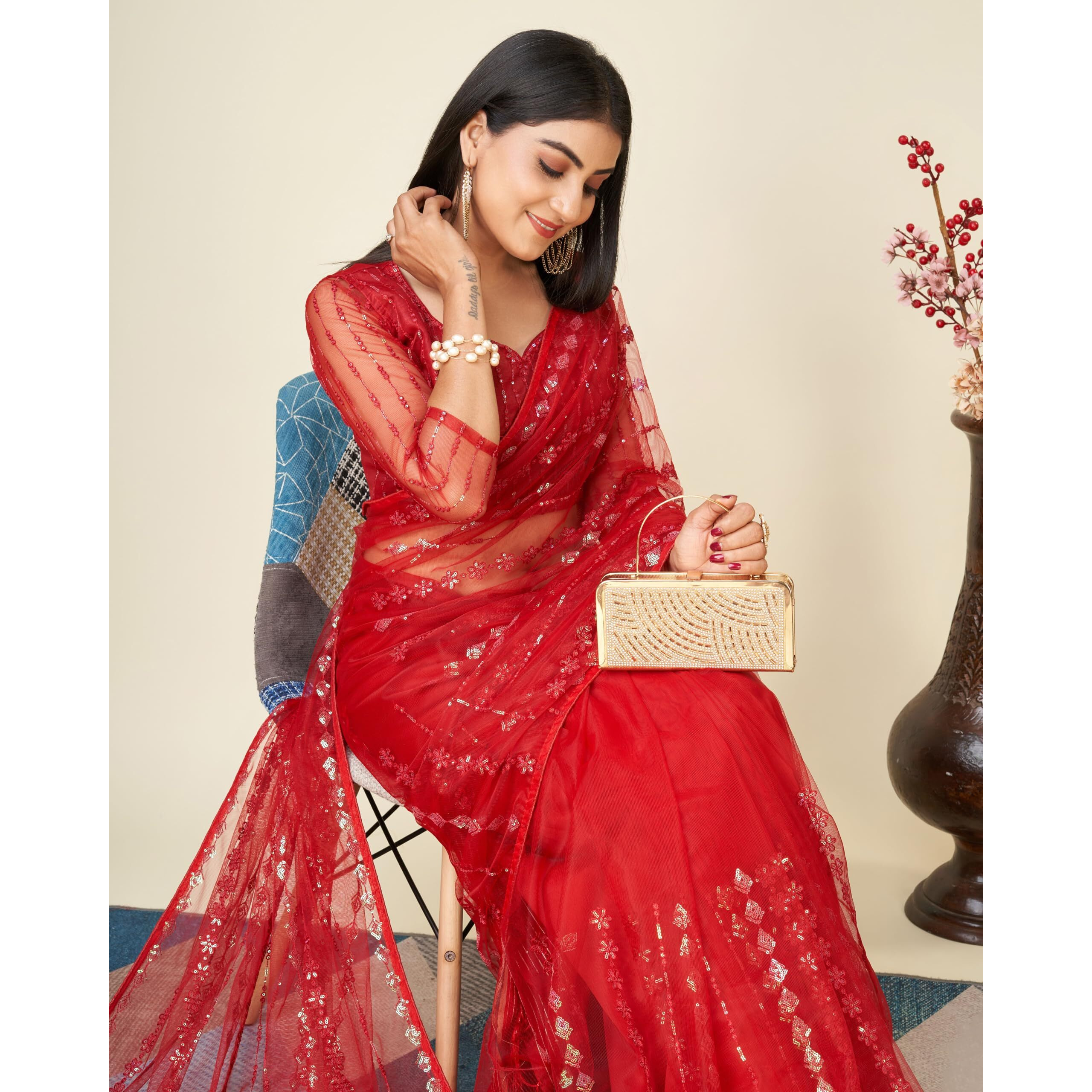 VAIRAGEE Women Soft Net Red Embroidery Saree