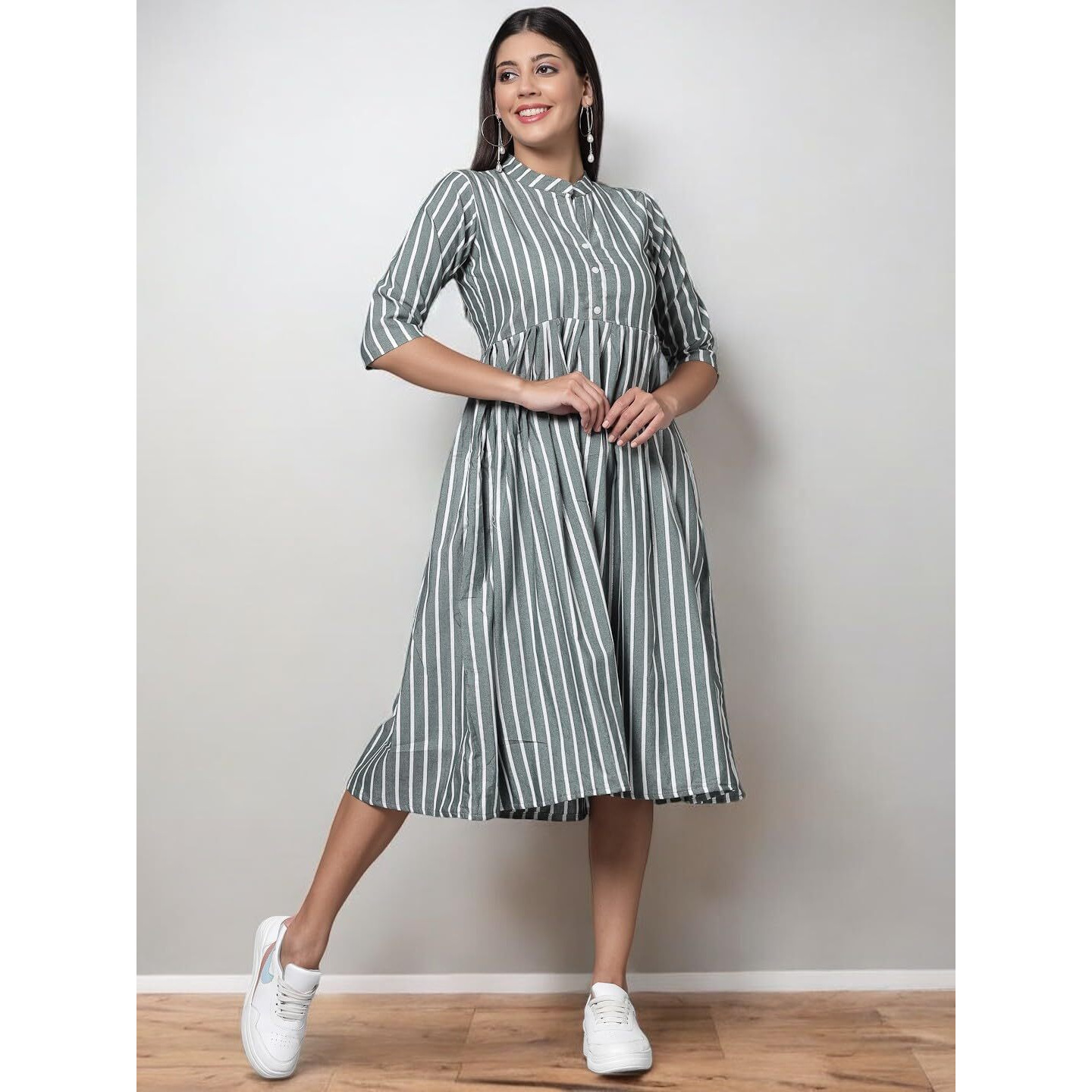 Vinchic Womens Pure Cotton Striped Anarkali Kurtis|Collar Kurti