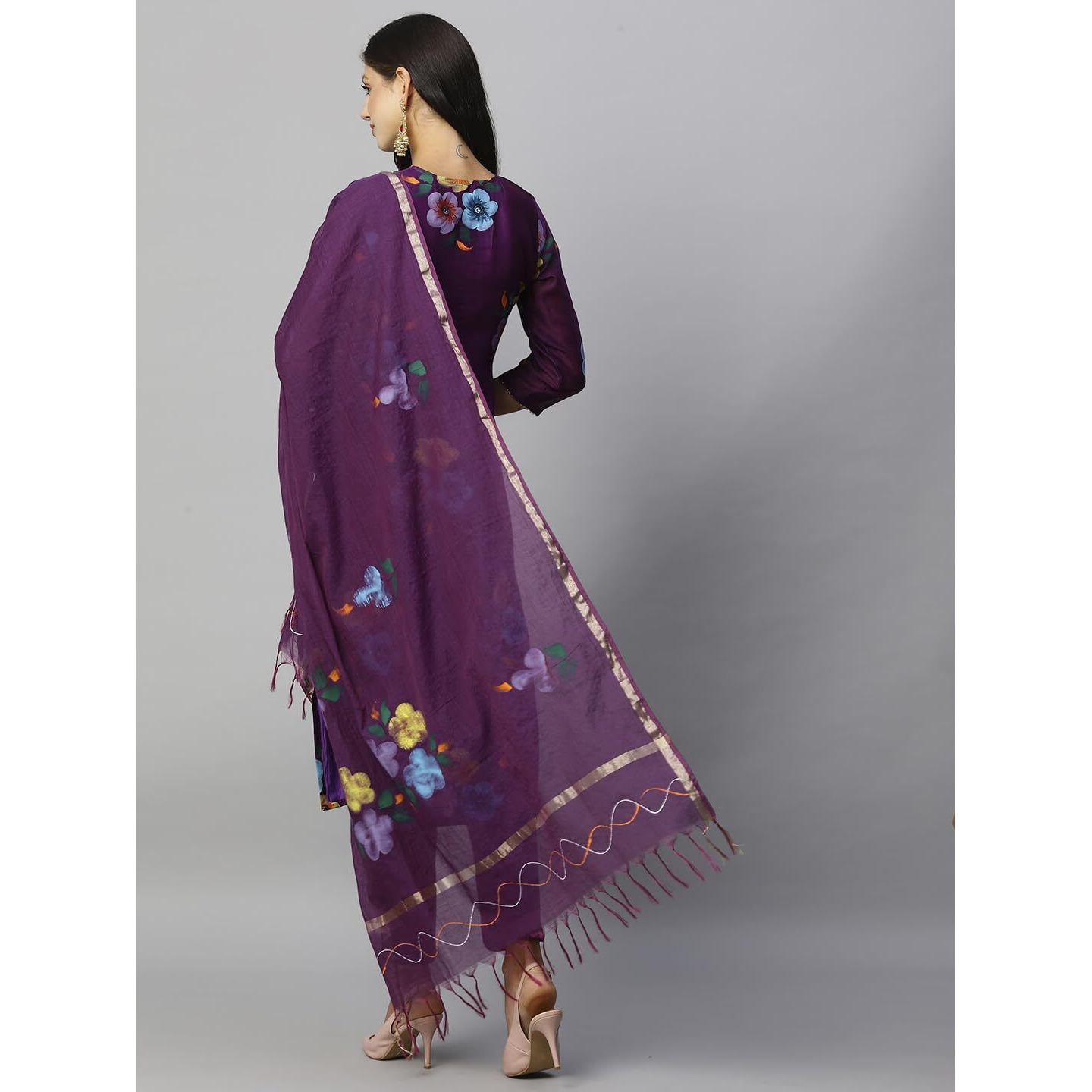 GoSriKi Women's Chanderi Cotton Straight Printed Kurta with Pant & Dupatta (Tank Violet-NW-GS_S_Violet_Small)