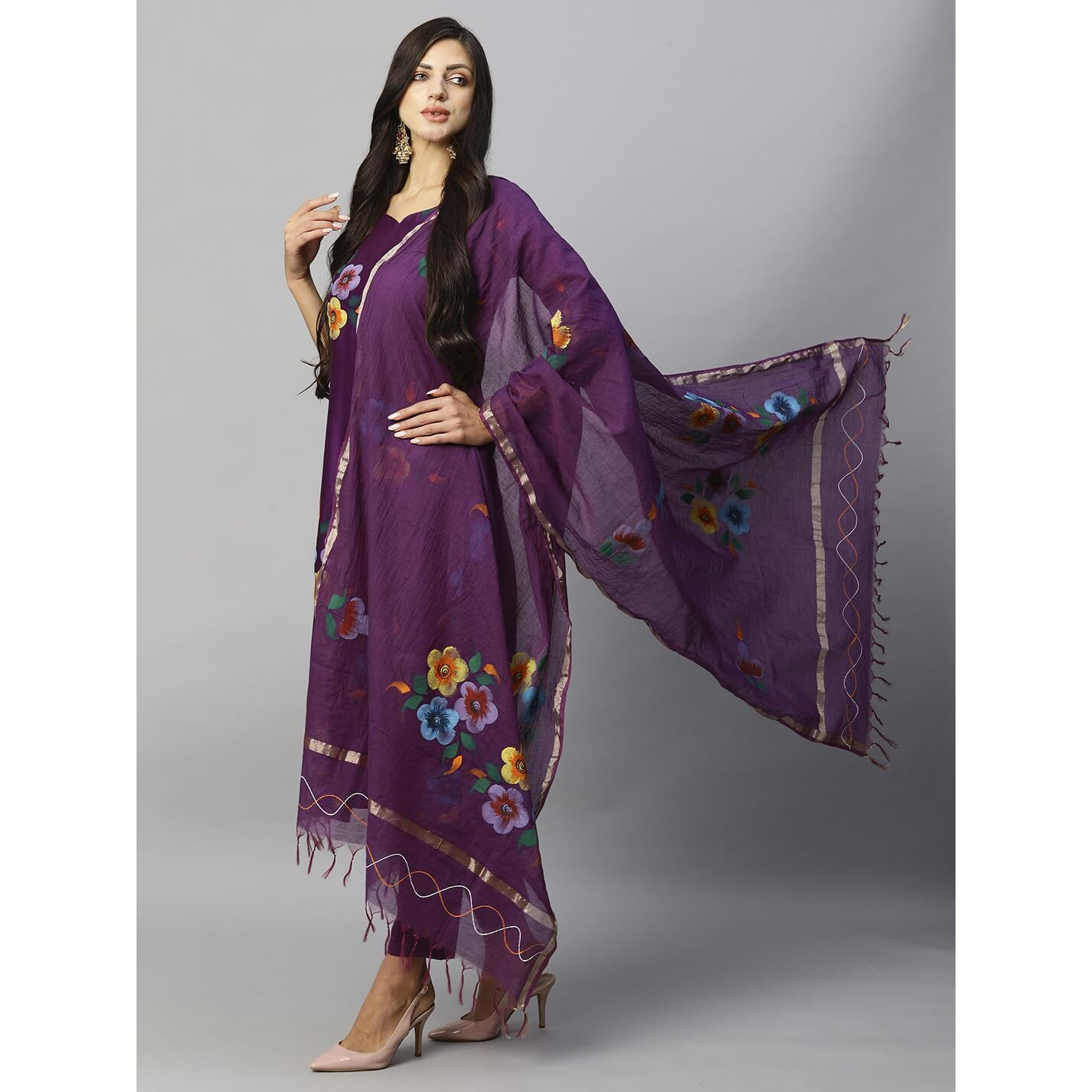 GoSriKi Women's Chanderi Cotton Straight Printed Kurta with Pant & Dupatta (Tank Violet-NW-GS_S_Violet_Small)