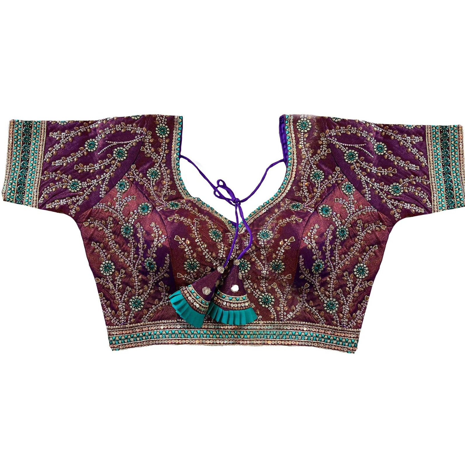 Pujia Mills Women's Milan Silk Embroidered with Sequins Work Half Sleeve Blouse (Indra Purple 42)