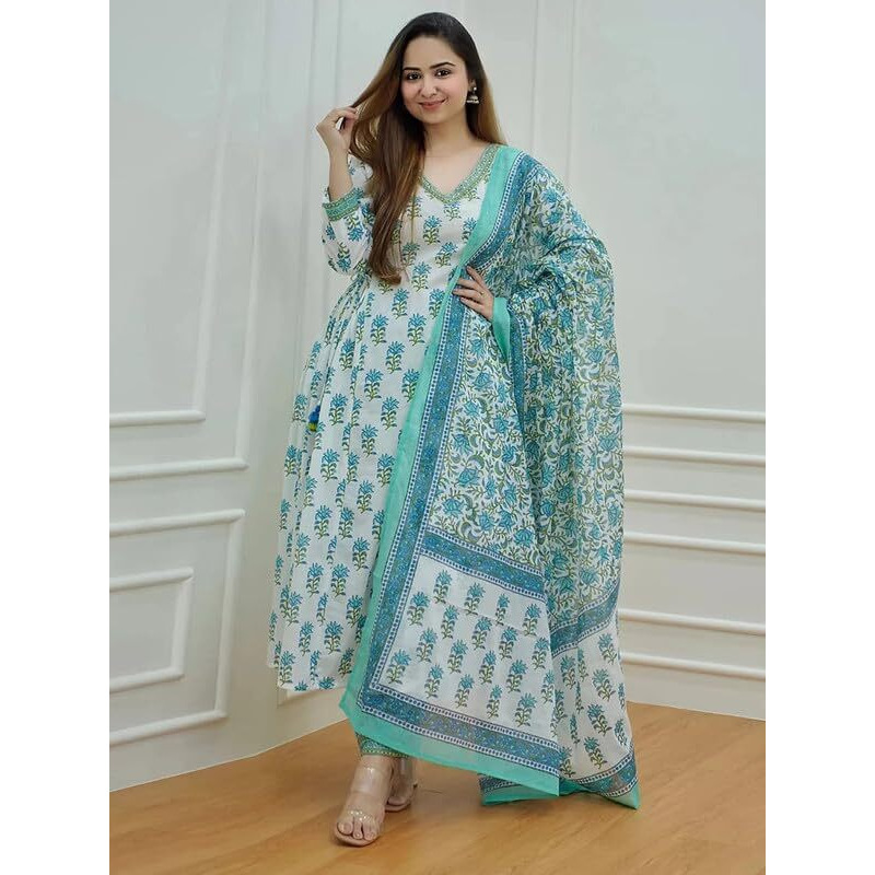 Pinkmint Motifs Printed Side Tassel Kurta Patten & Afghani Pant with Stylish Dupattta Set for Women Aqua Blue