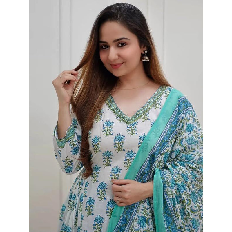 Pinkmint Motifs Printed Side Tassel Kurta Patten & Afghani Pant with Stylish Dupattta Set for Women Aqua Blue