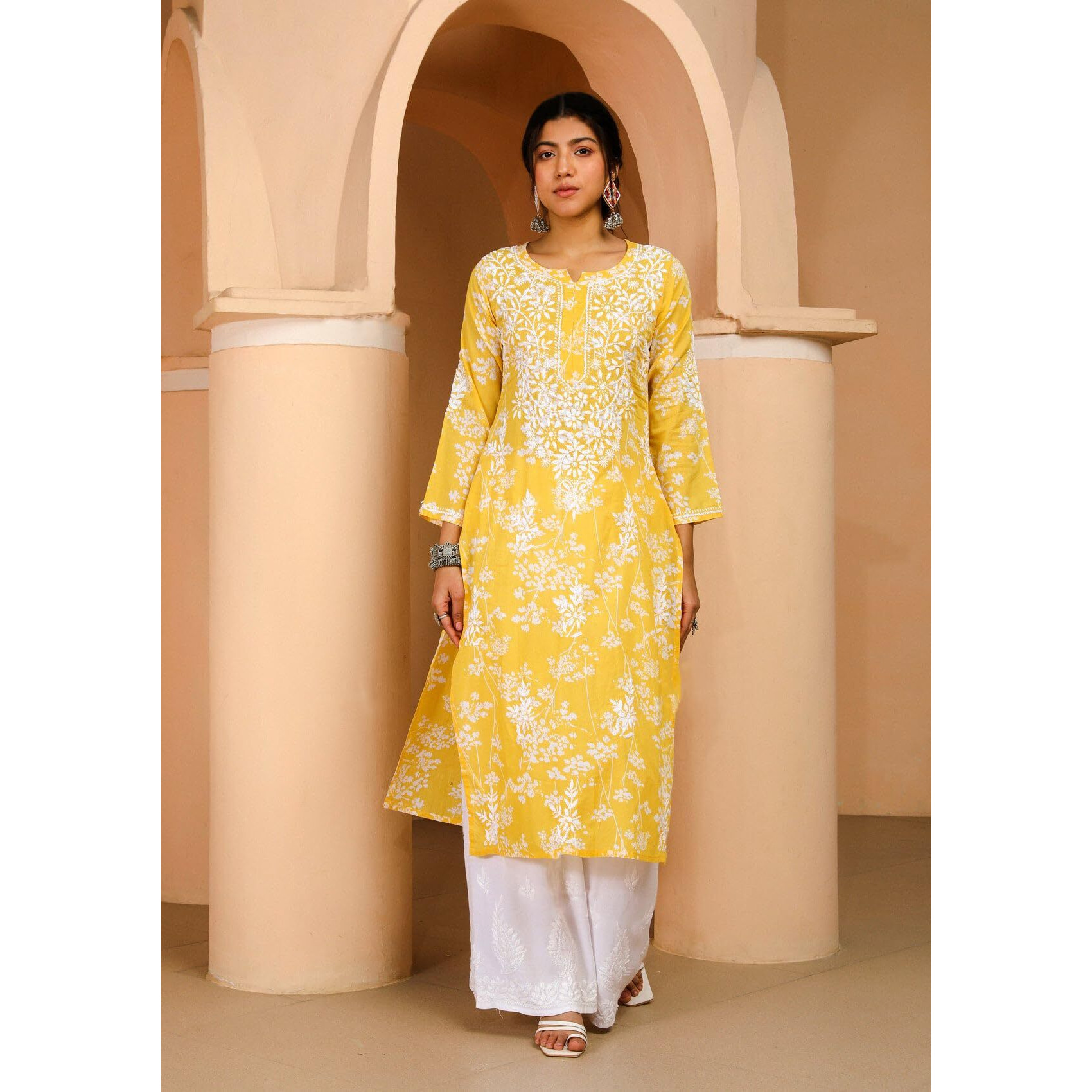 ANNI DESIGNER Women's Cotton Blend Chikankari Embroidered Straight Kurta (Zainab Yellow_S_Yellow_Small)