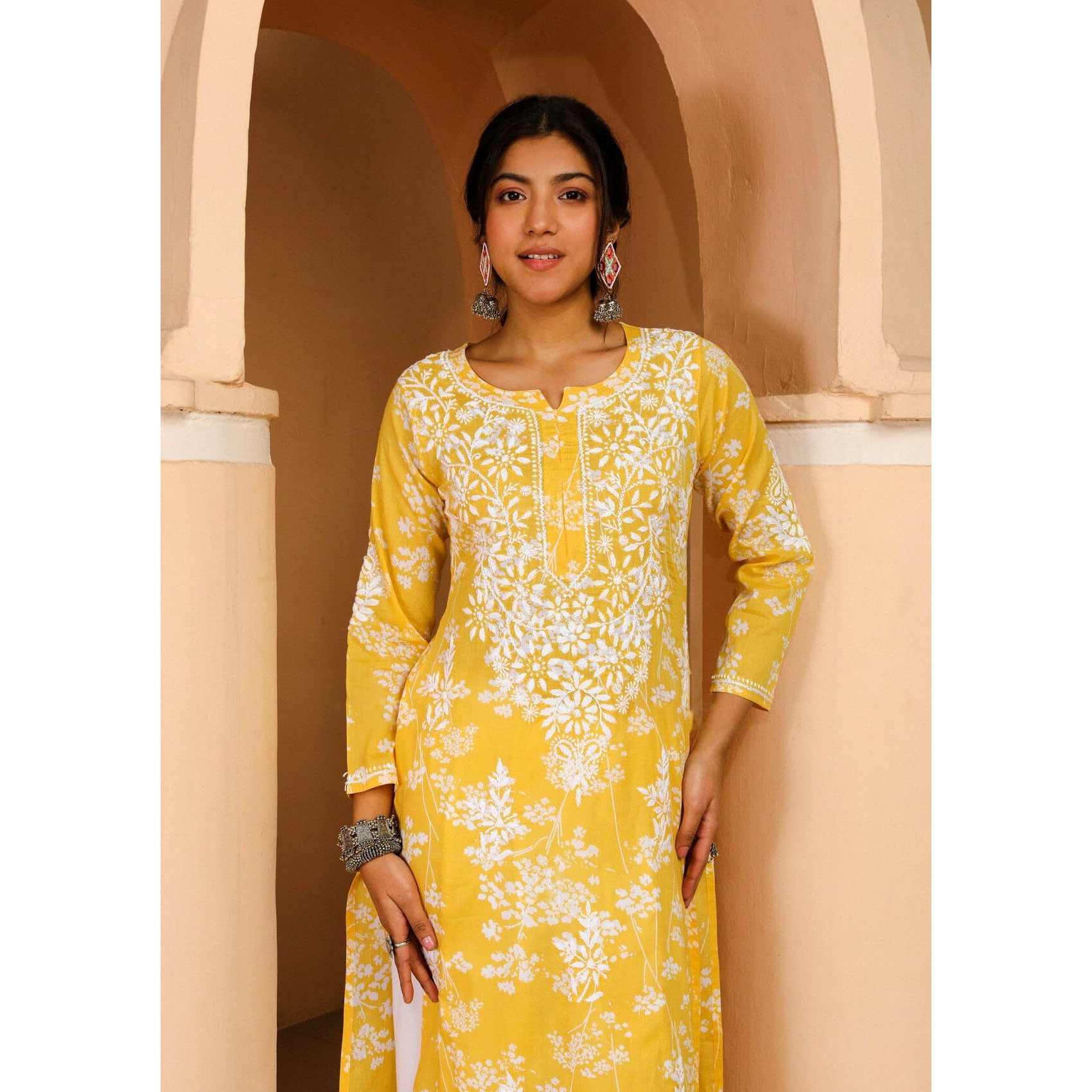 ANNI DESIGNER Women's Cotton Blend Chikankari Embroidered Straight Kurta (Zainab Yellow_S_Yellow_Small)
