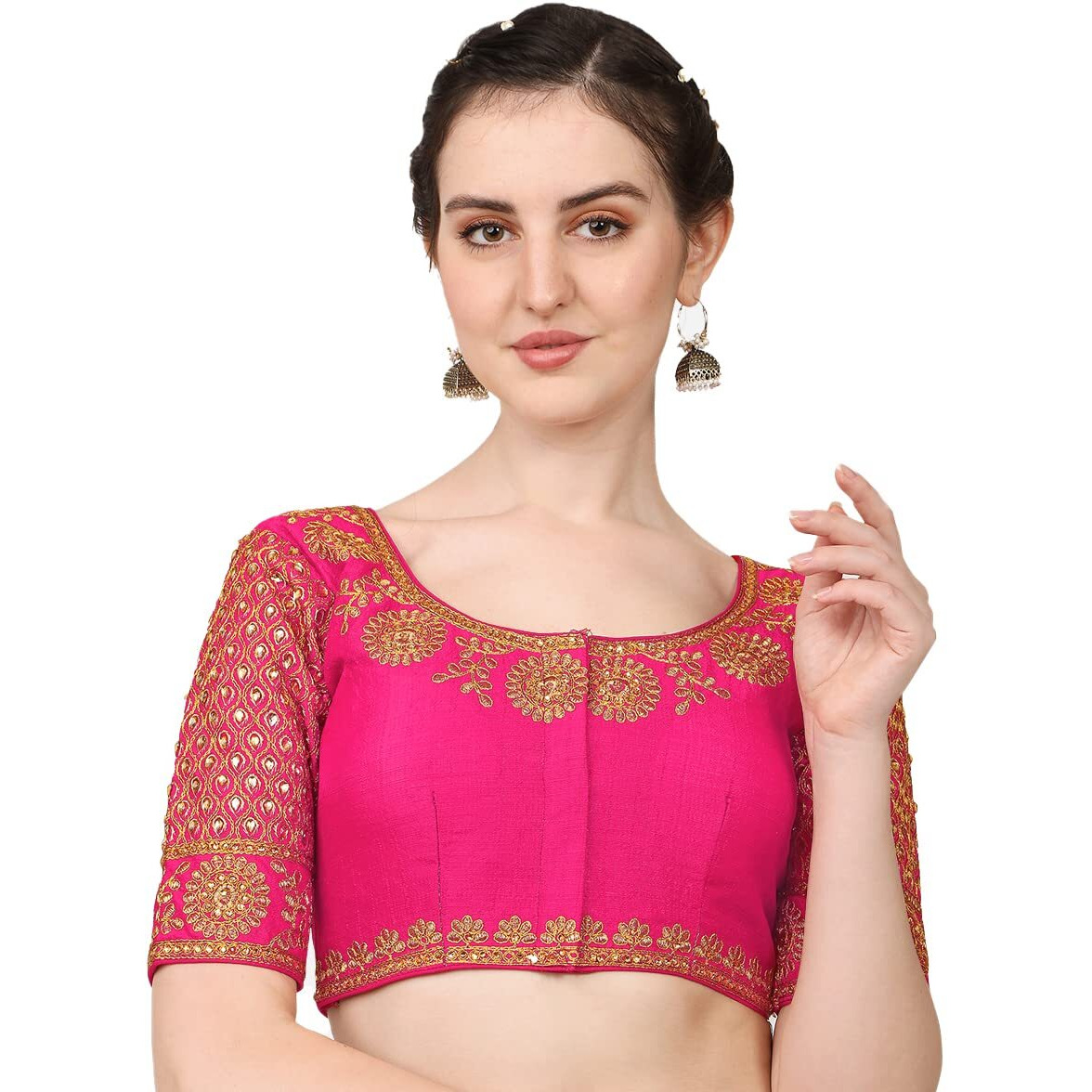 Pujia Mills Embroidery & Thread Work Phantom Silk Readymade Blouse Pink