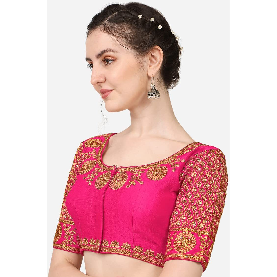 Pujia Mills Embroidery & Thread Work Phantom Silk Readymade Blouse Pink