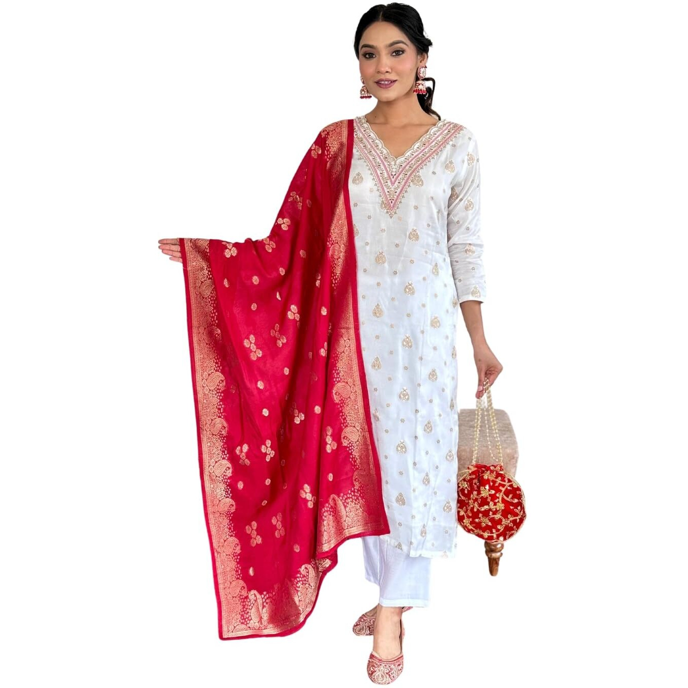 Naixa Women's White Jacquard Viscose Embroidered Straight Kurta with Gadhwal Pant and Jacquard Silk Jacquard Dupatta Sets (NX2-JK-108-White-M)