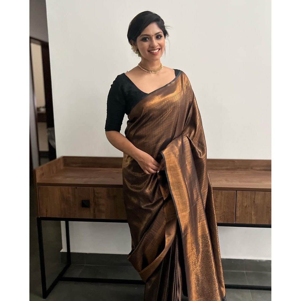 Anjaneya Sarees Women Kanjivaram Banarasi Silk Saree With Blouse (Brown)