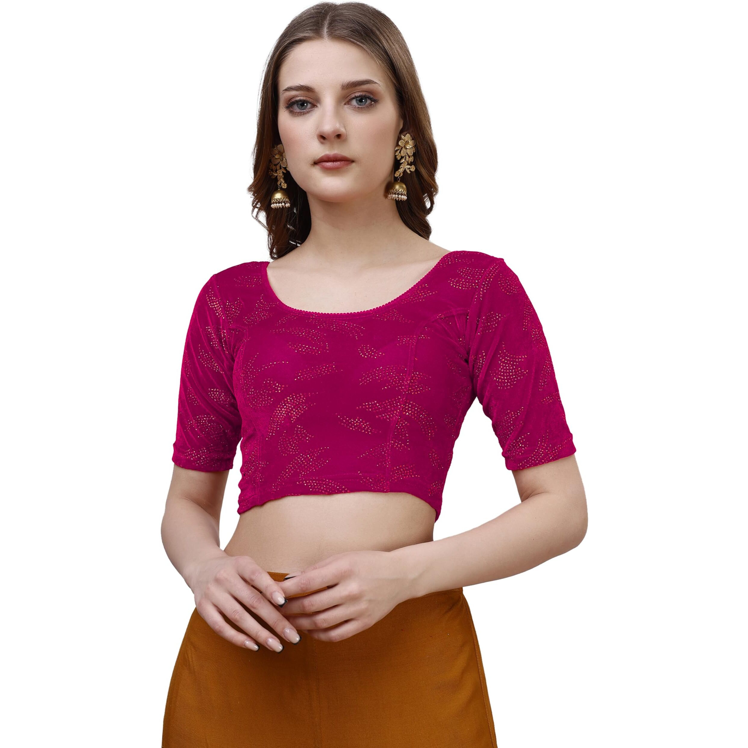 Pujia Mills Women's Readymade Hosiery Velvet Lycra Stretchable Round Neck Half Sleeve Blouse Fancy Pink Color Lycra Stretchable Blouse for Women Readymade Saree Blouse