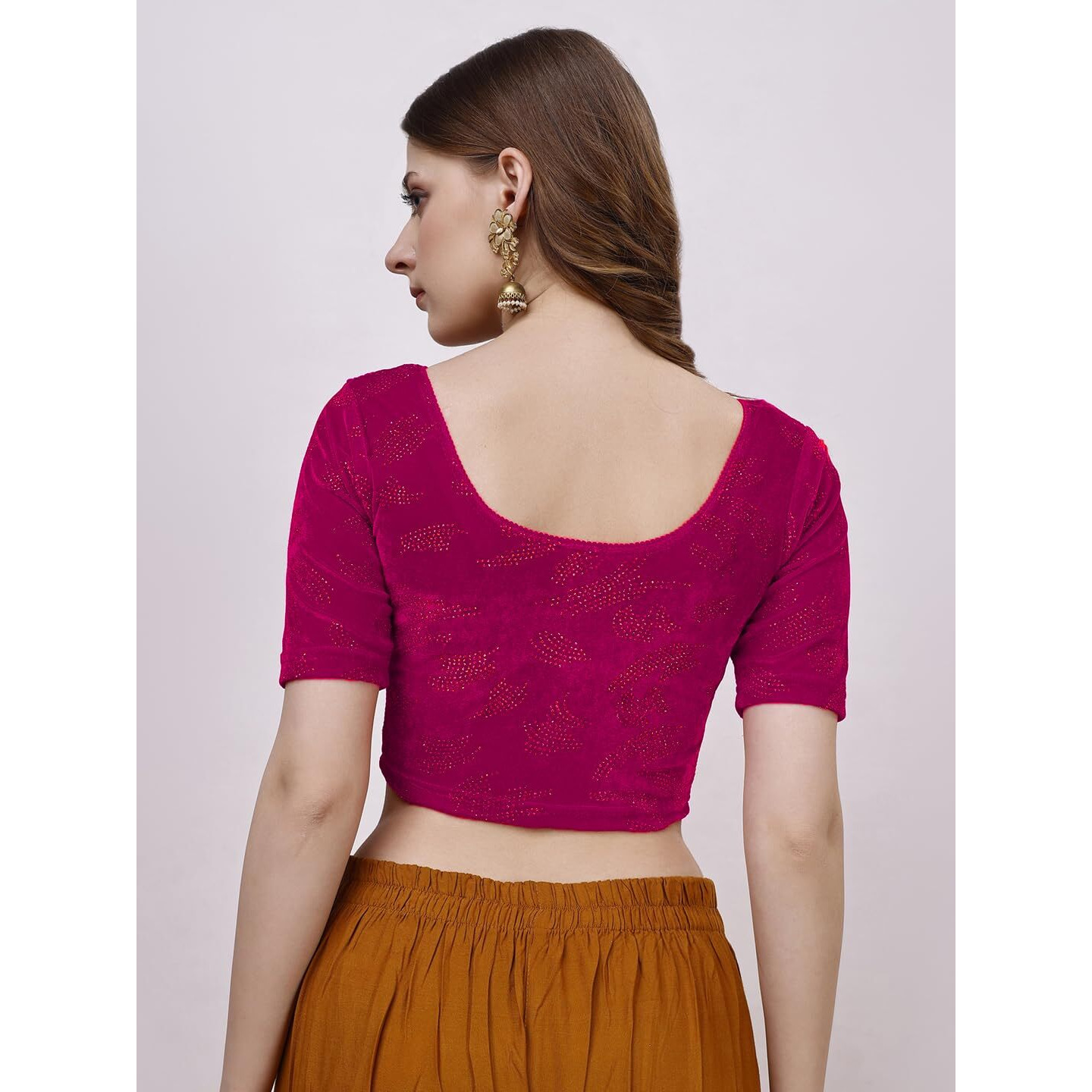 Pujia Mills Women's Readymade Hosiery Velvet Lycra Stretchable Round Neck Half Sleeve Blouse Fancy Pink Color Lycra Stretchable Blouse for Women Readymade Saree Blouse