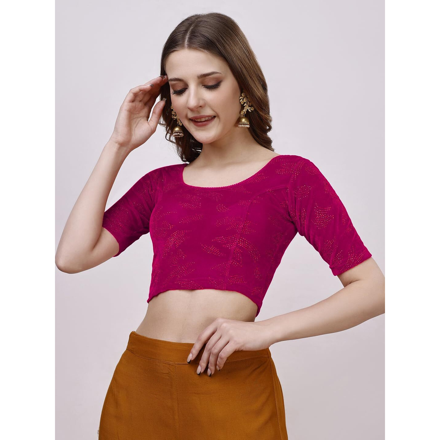 Pujia Mills Women's Readymade Hosiery Velvet Lycra Stretchable Round Neck Half Sleeve Blouse Fancy Pink Color Lycra Stretchable Blouse for Women Readymade Saree Blouse