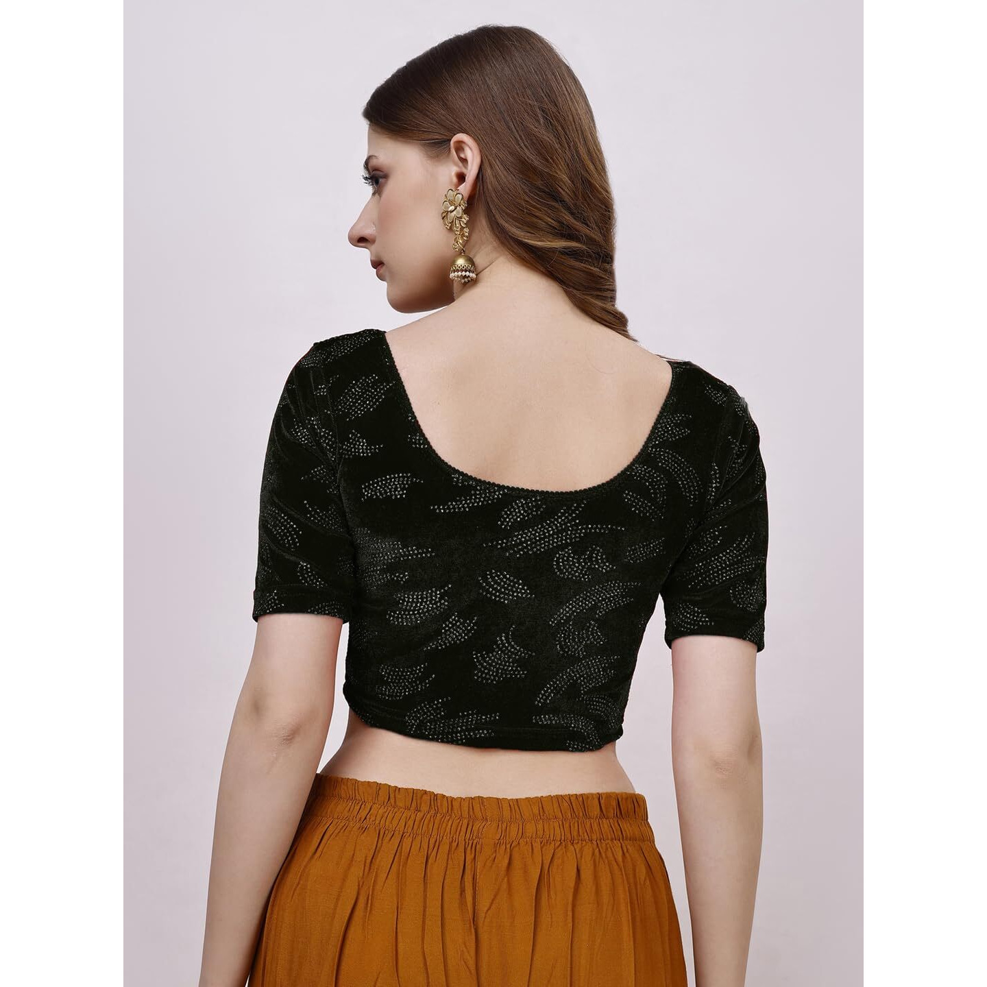 Pujia Mills Women's Readymade Hosiery Velvet Lycra Stretchable Round Neck Half Sleeve Blouse Fancy Black Color Lycra Stretchable Blouse for Women Readymade Saree Blouse