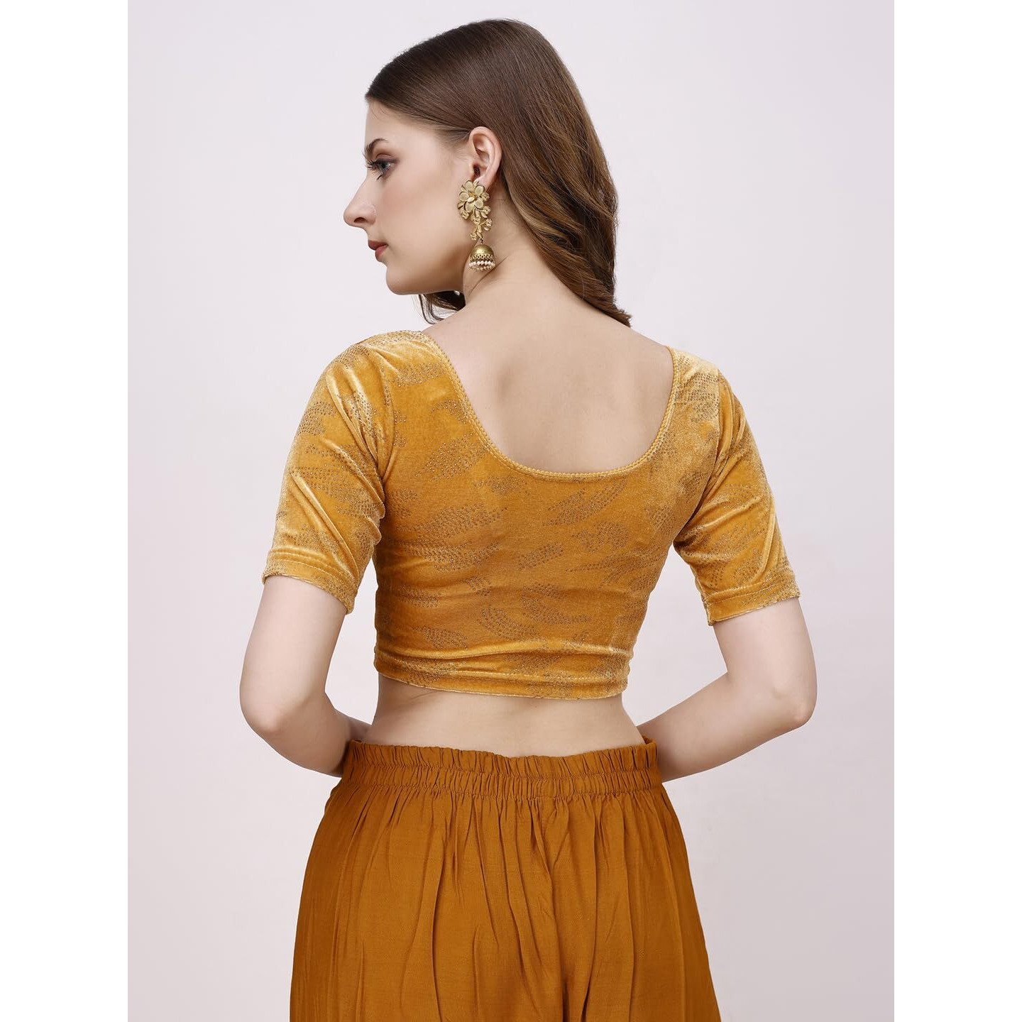 Pujia Mills Women's Readymade Hosiery Velvet Lycra Stretchable Round Neck Half Sleeve Blouse Fancy Gold Color Lycra Stretchable Blouse for Women Readymade Saree Blouse