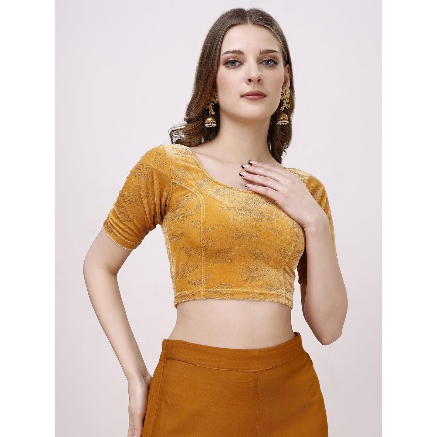 Pujia Mills Women's Readymade Hosiery Velvet Lycra Stretchable Round Neck Half Sleeve Blouse Fancy Gold Color Lycra Stretchable Blouse for Women Readymade Saree Blouse