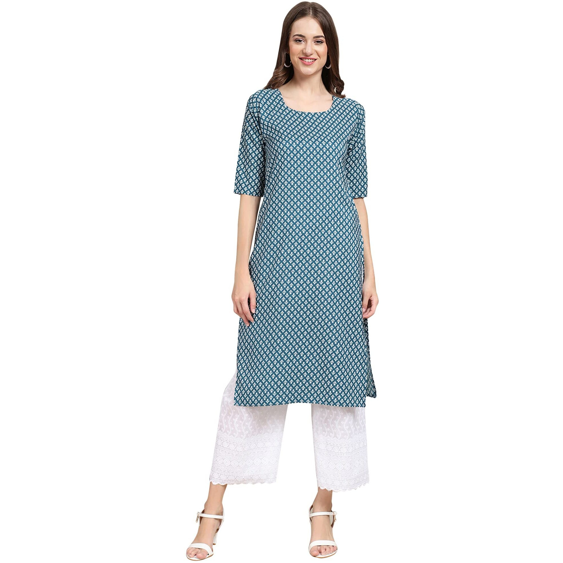Pinkmint Women's Crepe Turqouise Color Floral Printed Straight Kurti(MD-530351_L)
