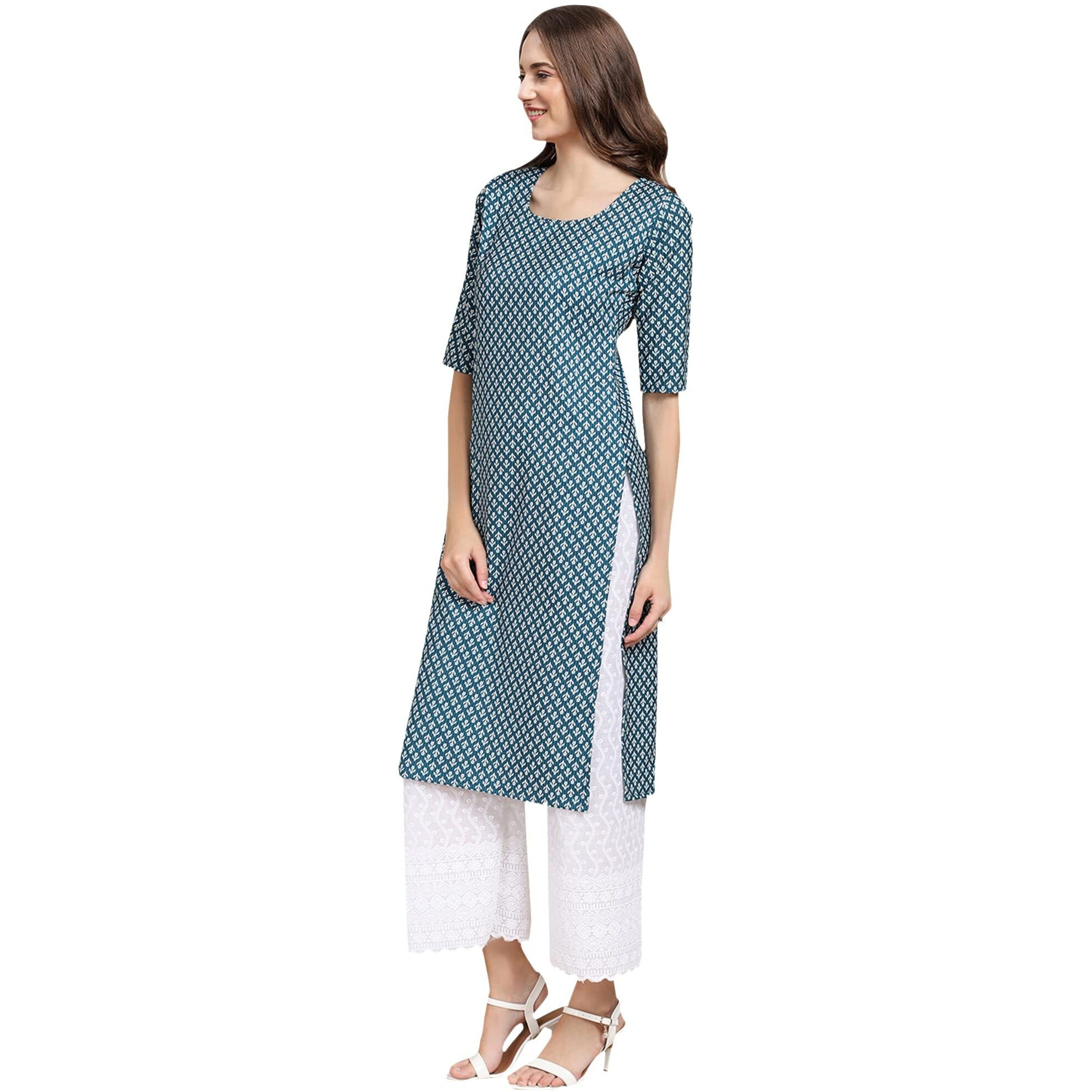 Pinkmint Women's Crepe Turqouise Color Floral Printed Straight Kurti(MD-530351_L)