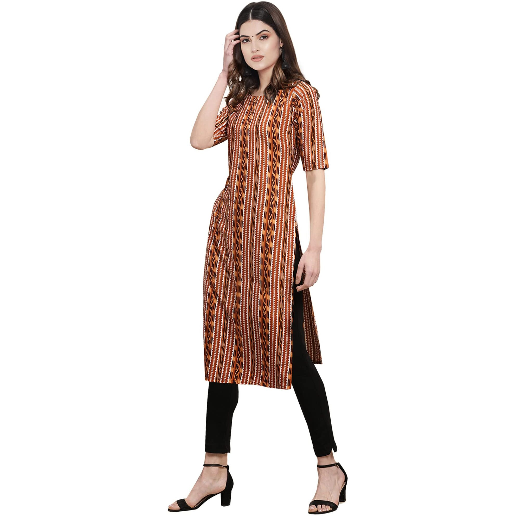 Pinkmint Women's Crepe Multicolor Color Striped Digital Printed Straight Kurti [F-530344_M]